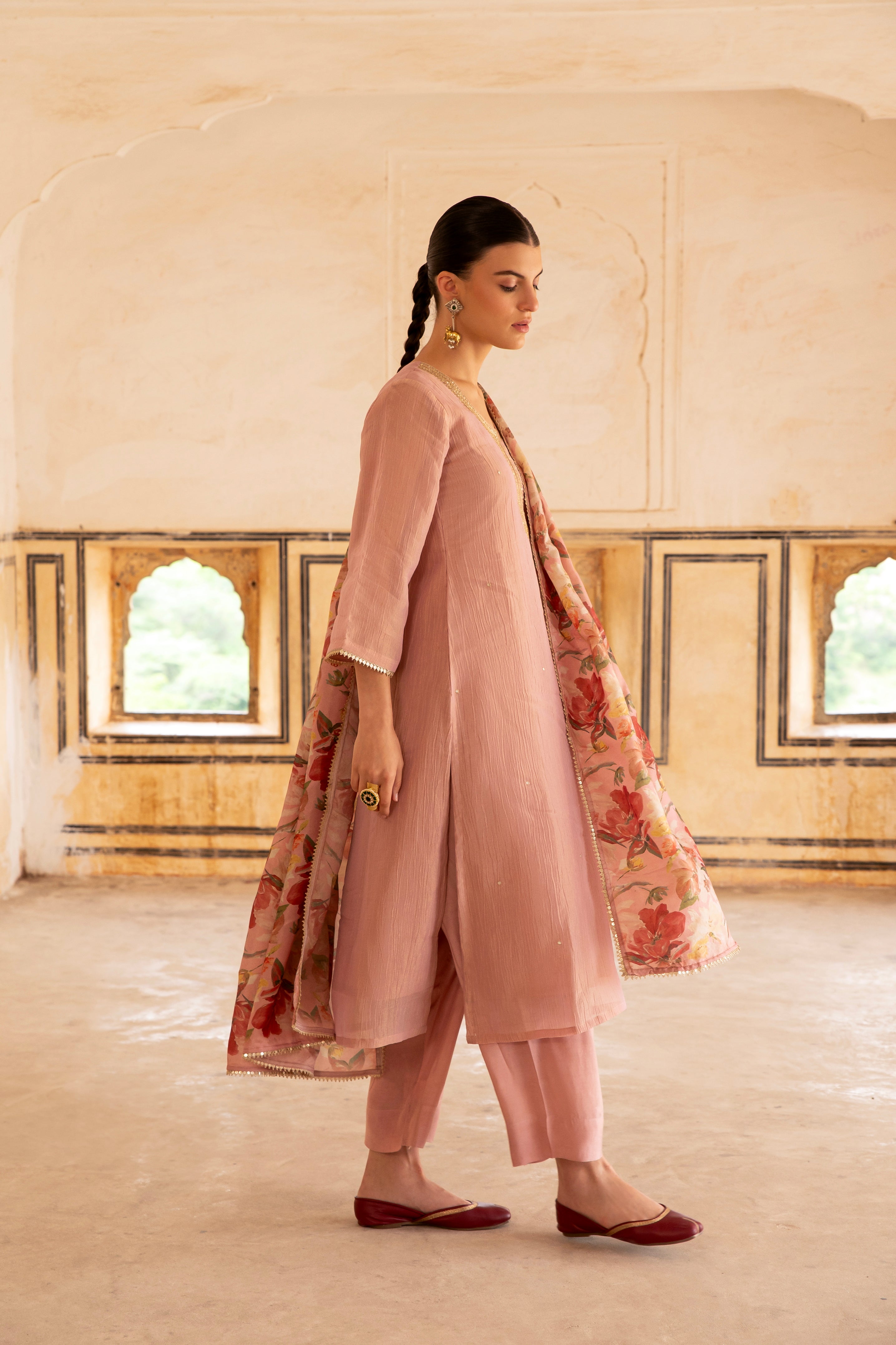 Pink Embellished Crushed Tissue Silk Pant Set