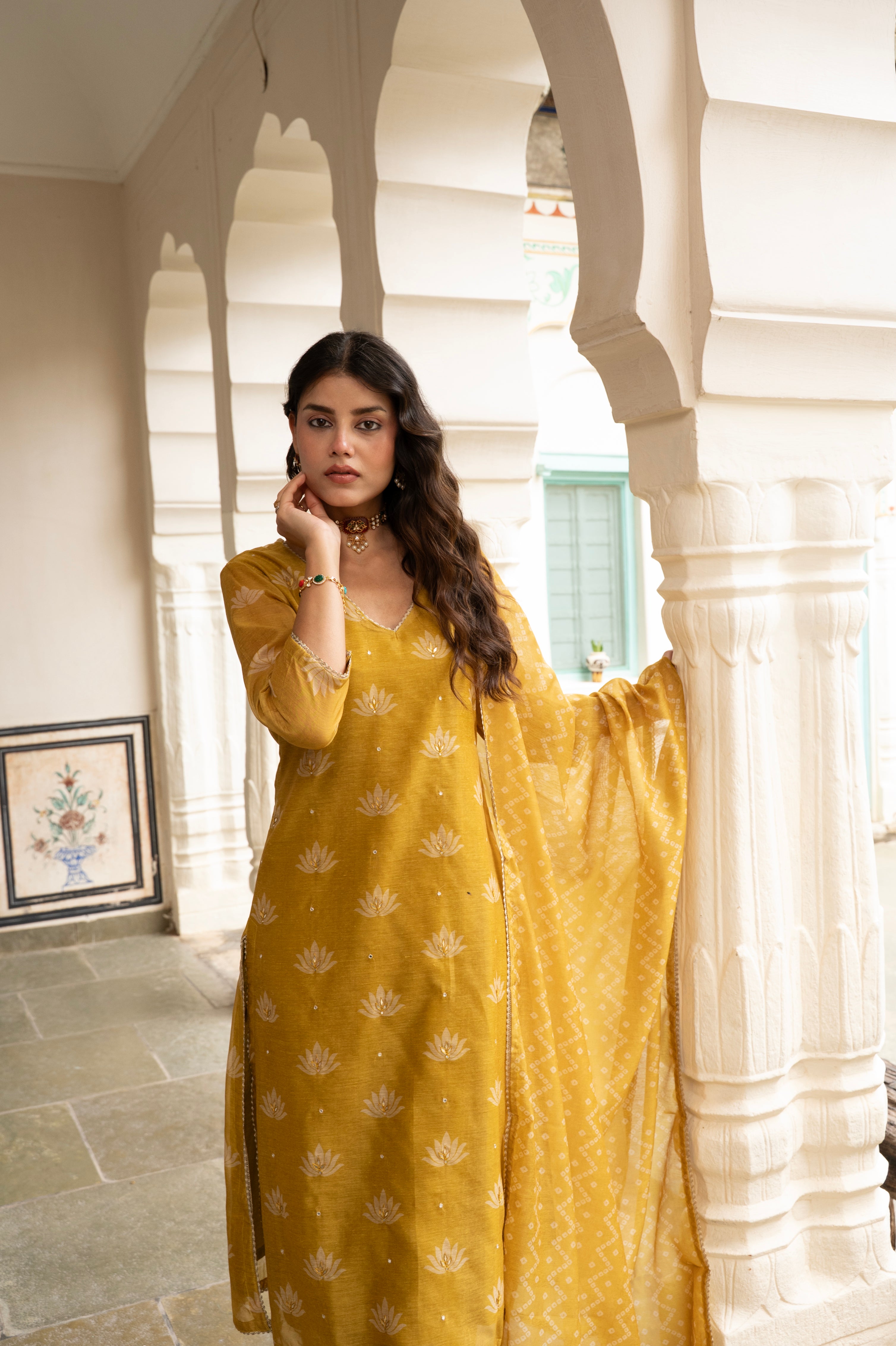 Mustard Embellished Chanderi Silk Pant Set