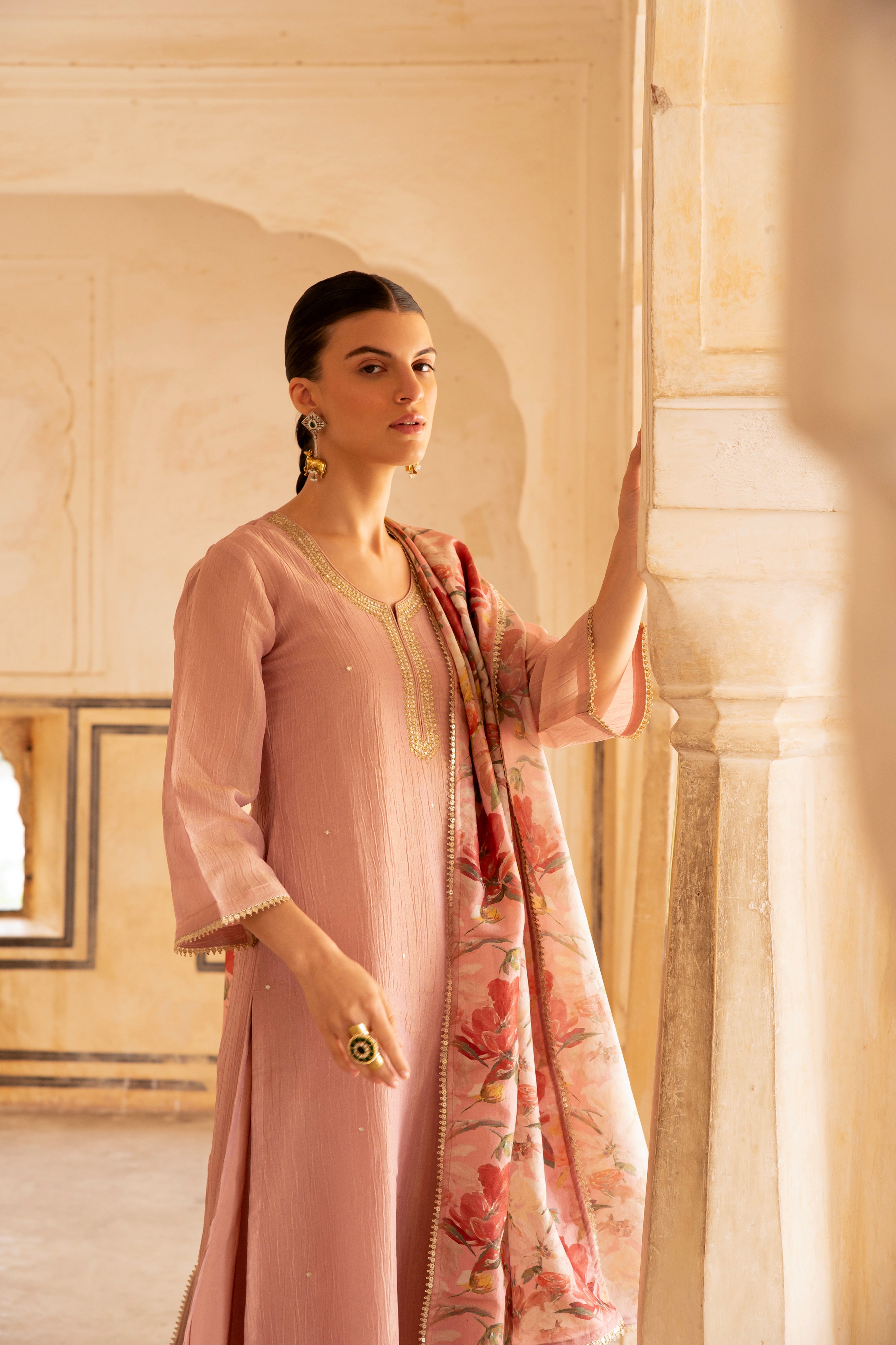 Pink Embellished Crushed Tissue Silk Pant Set