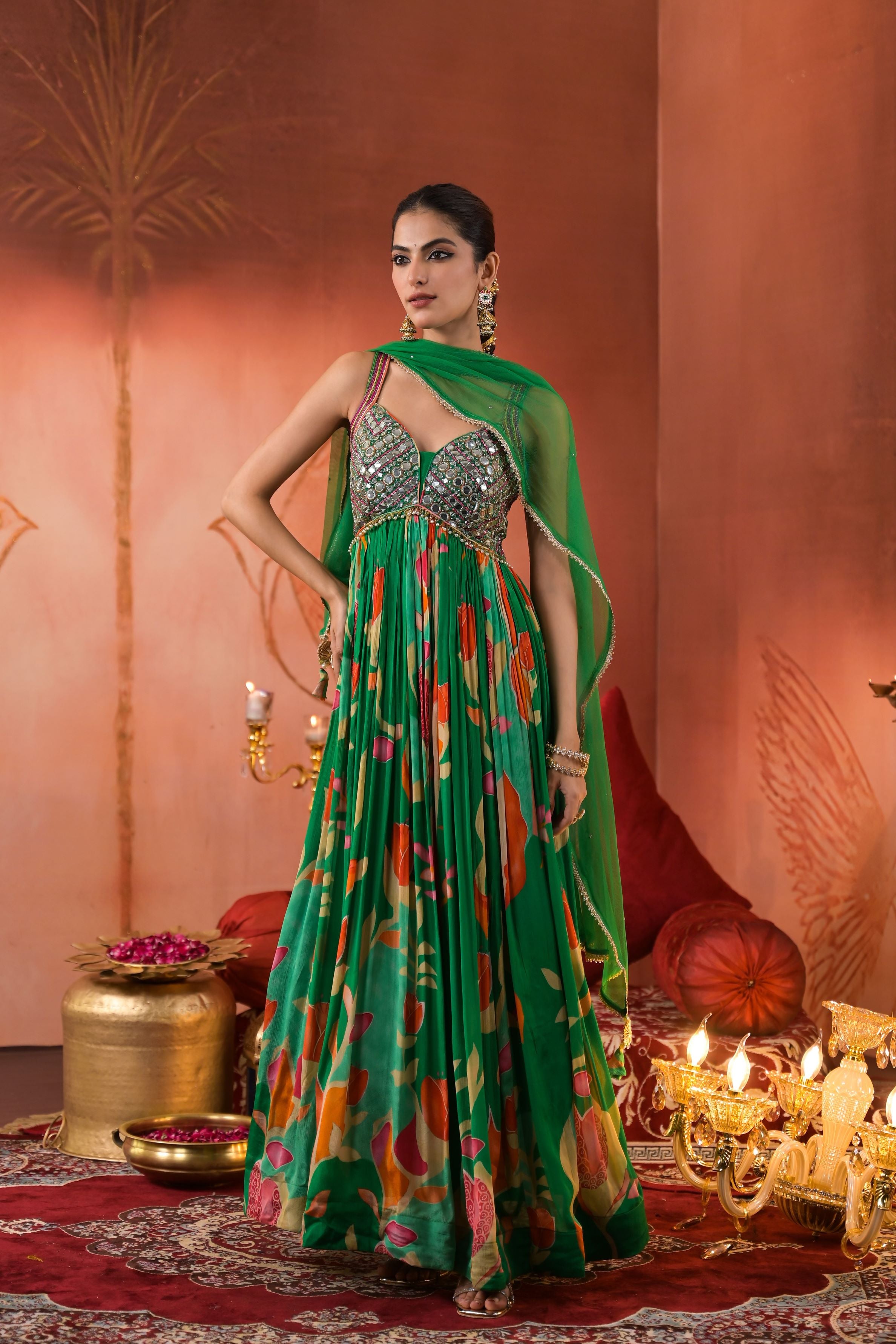 Green Floral Printed Chinon Silk Anarkali Set