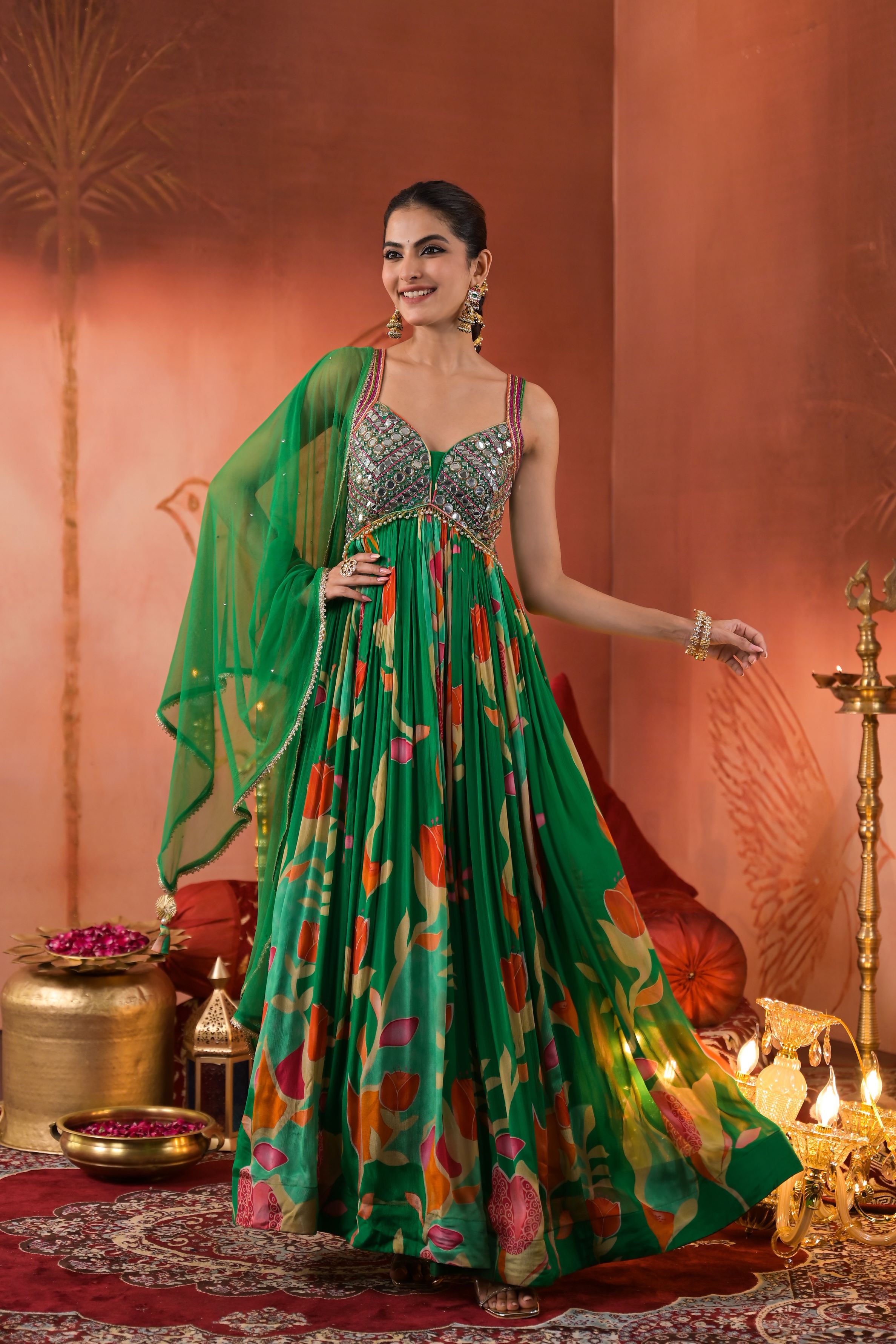 Green Floral Printed Chinon Silk Anarkali Set