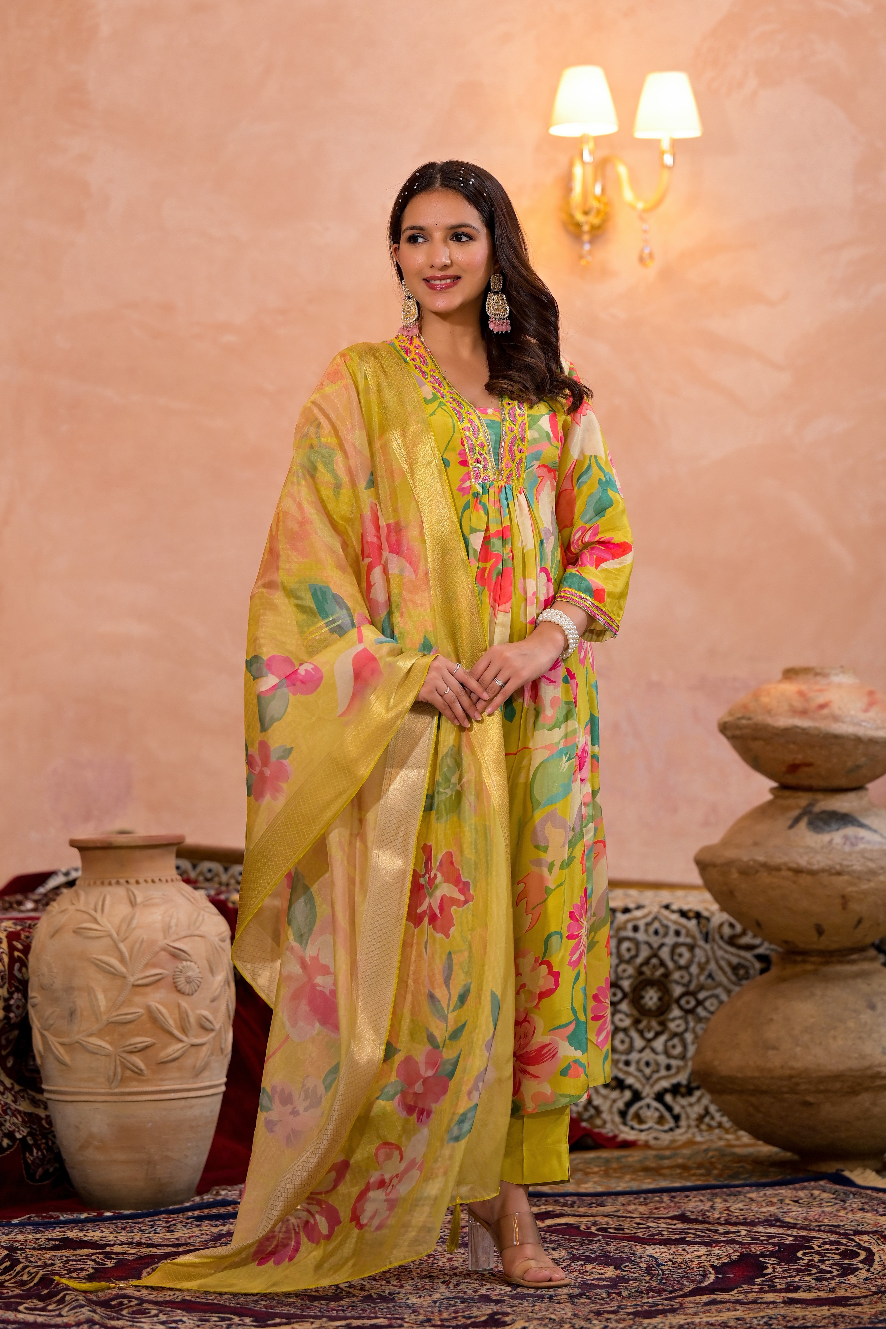 Neon Yellow Floral Printed Premium Silk Anarkali Set