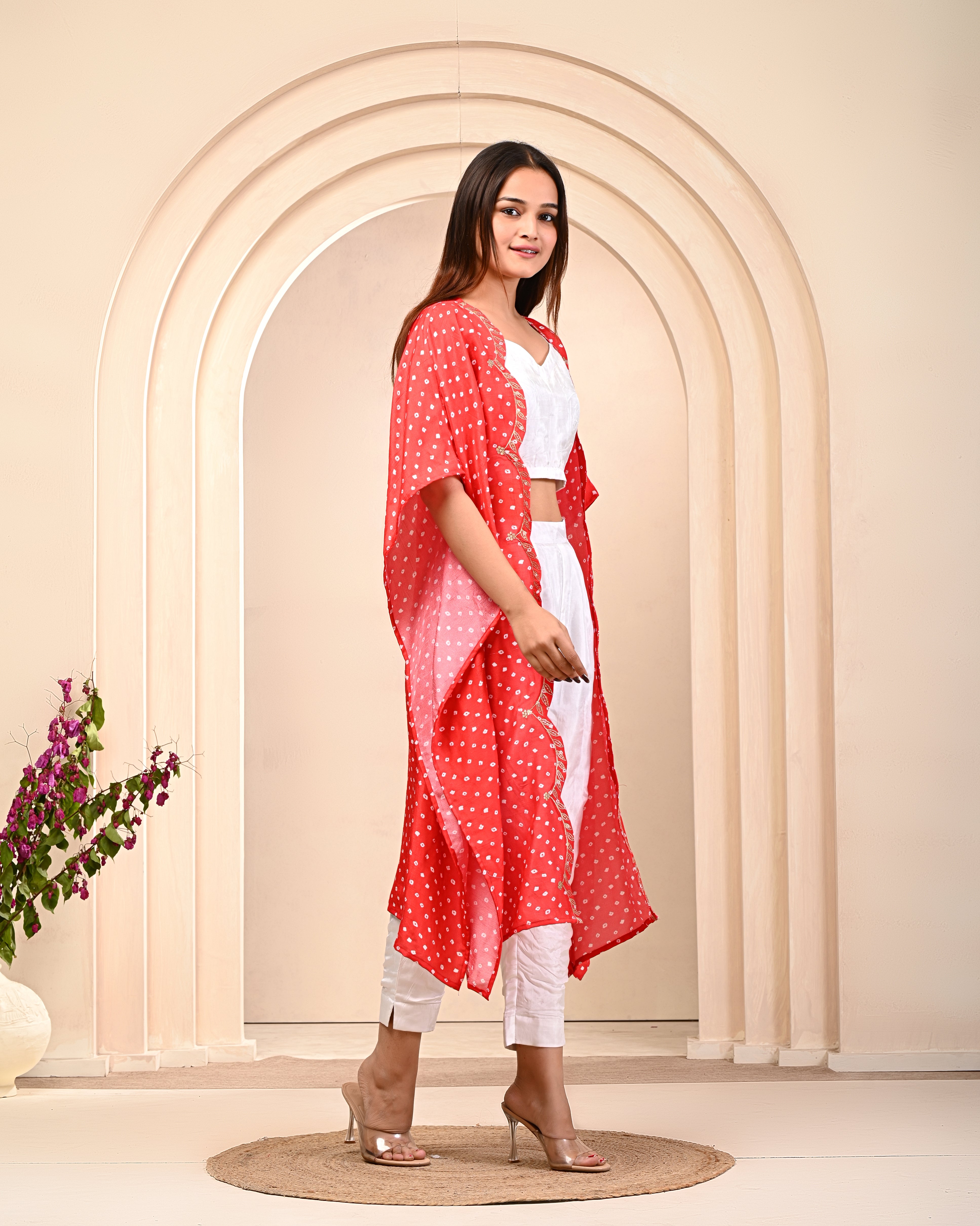 Red Bandhani Dola Silk Cape Set