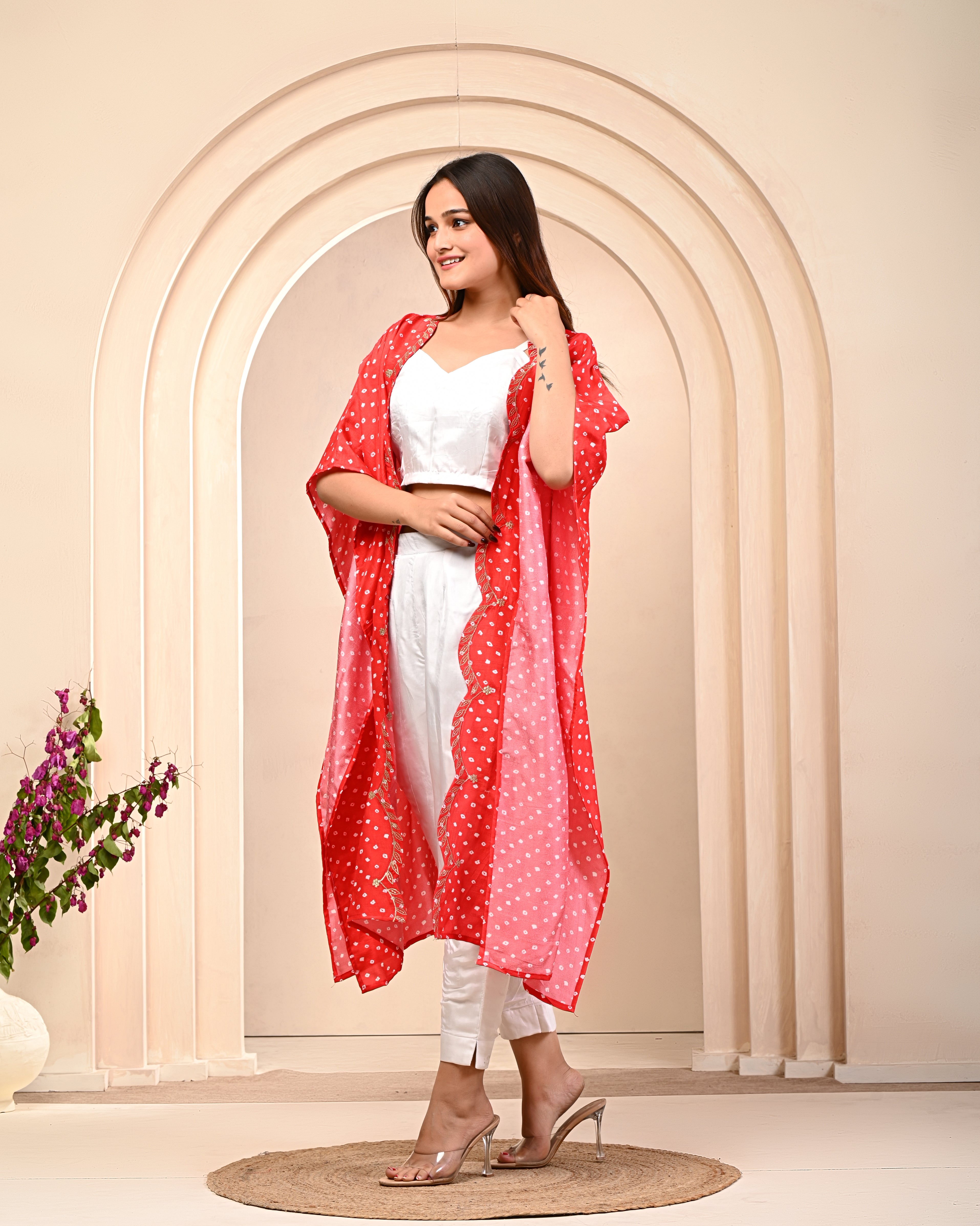 Red Bandhani Dola Silk Cape Set