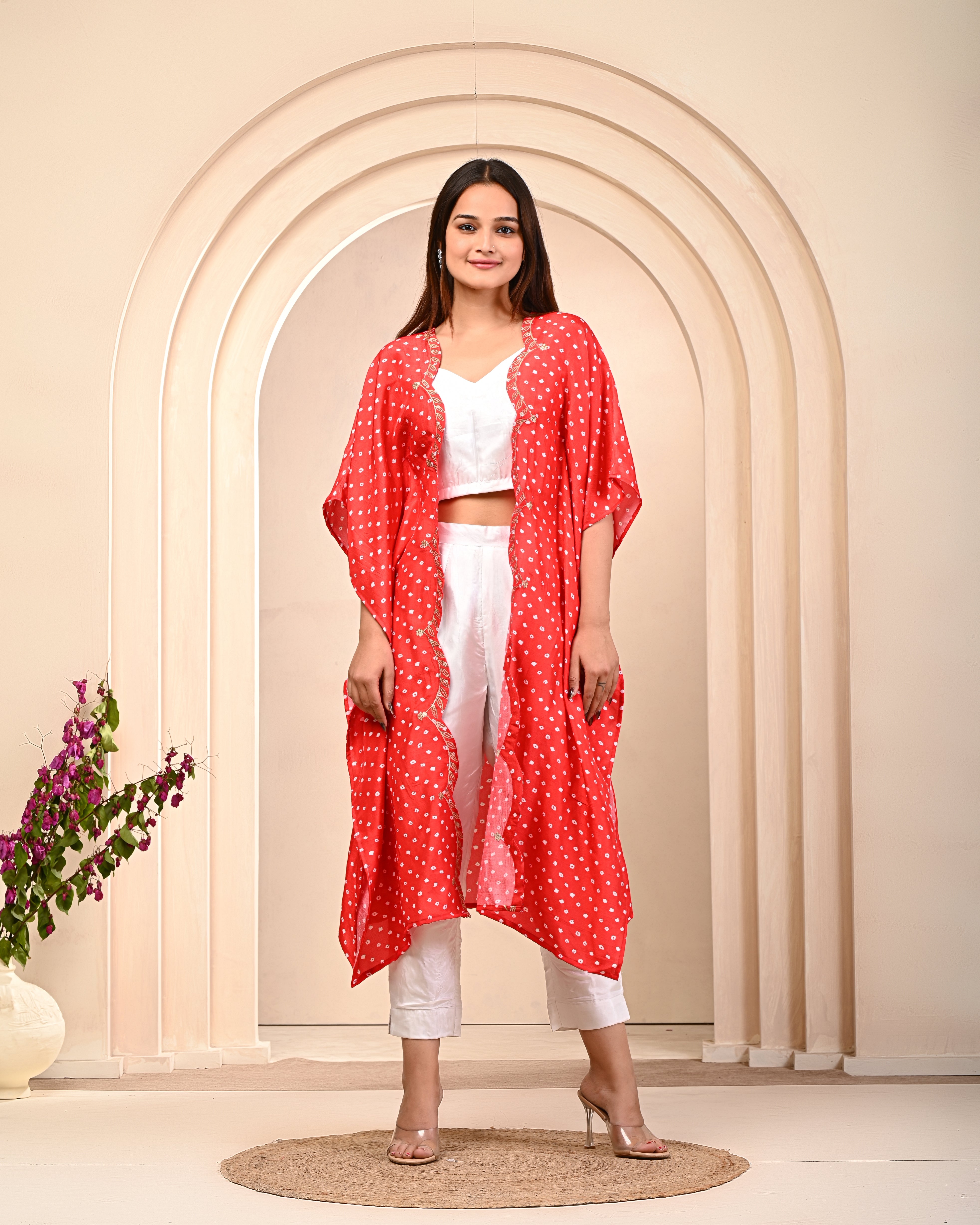 Red Bandhani Dola Silk Cape Set