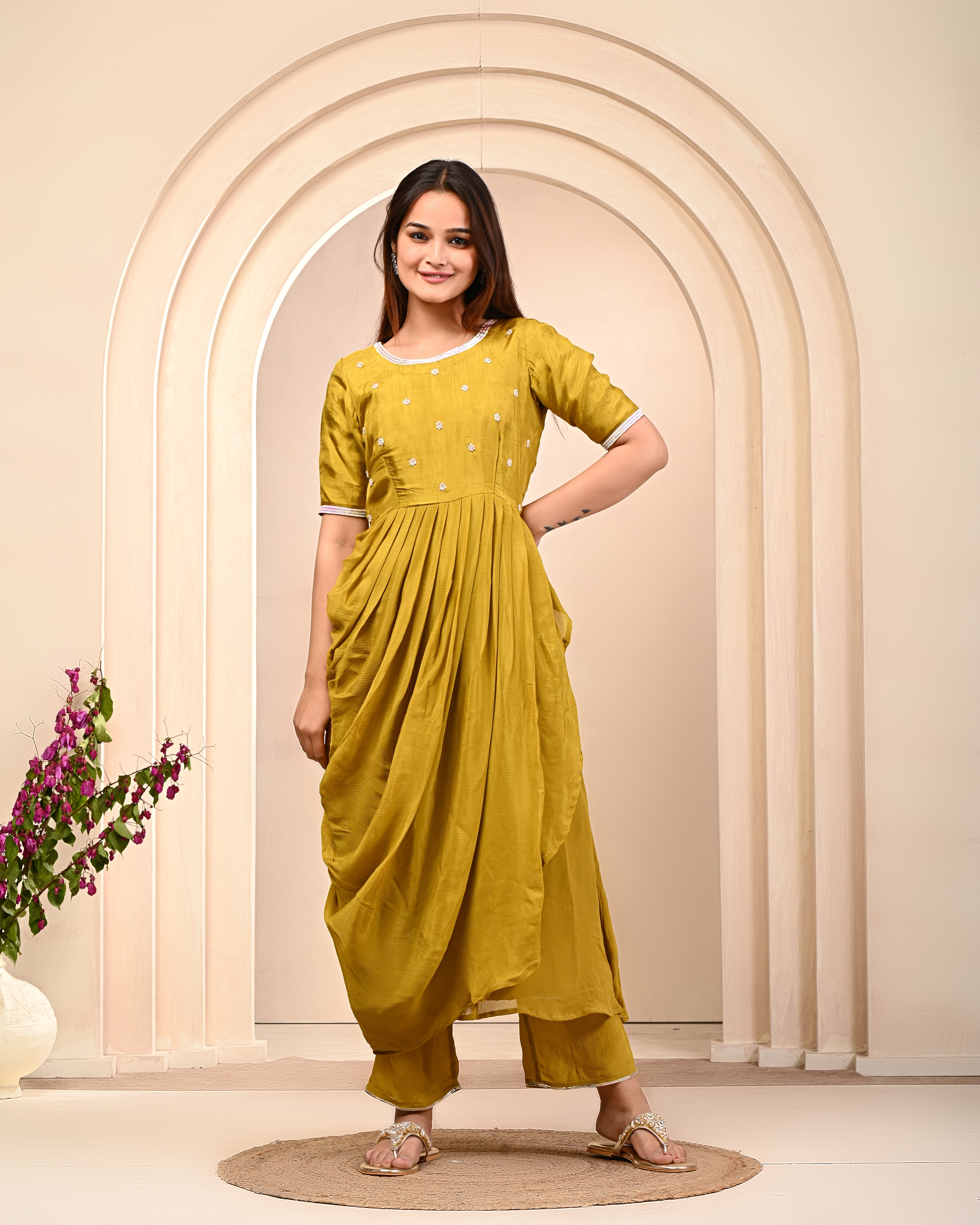 Pear Green Embellished Chinon Silk Kurta Pant Set