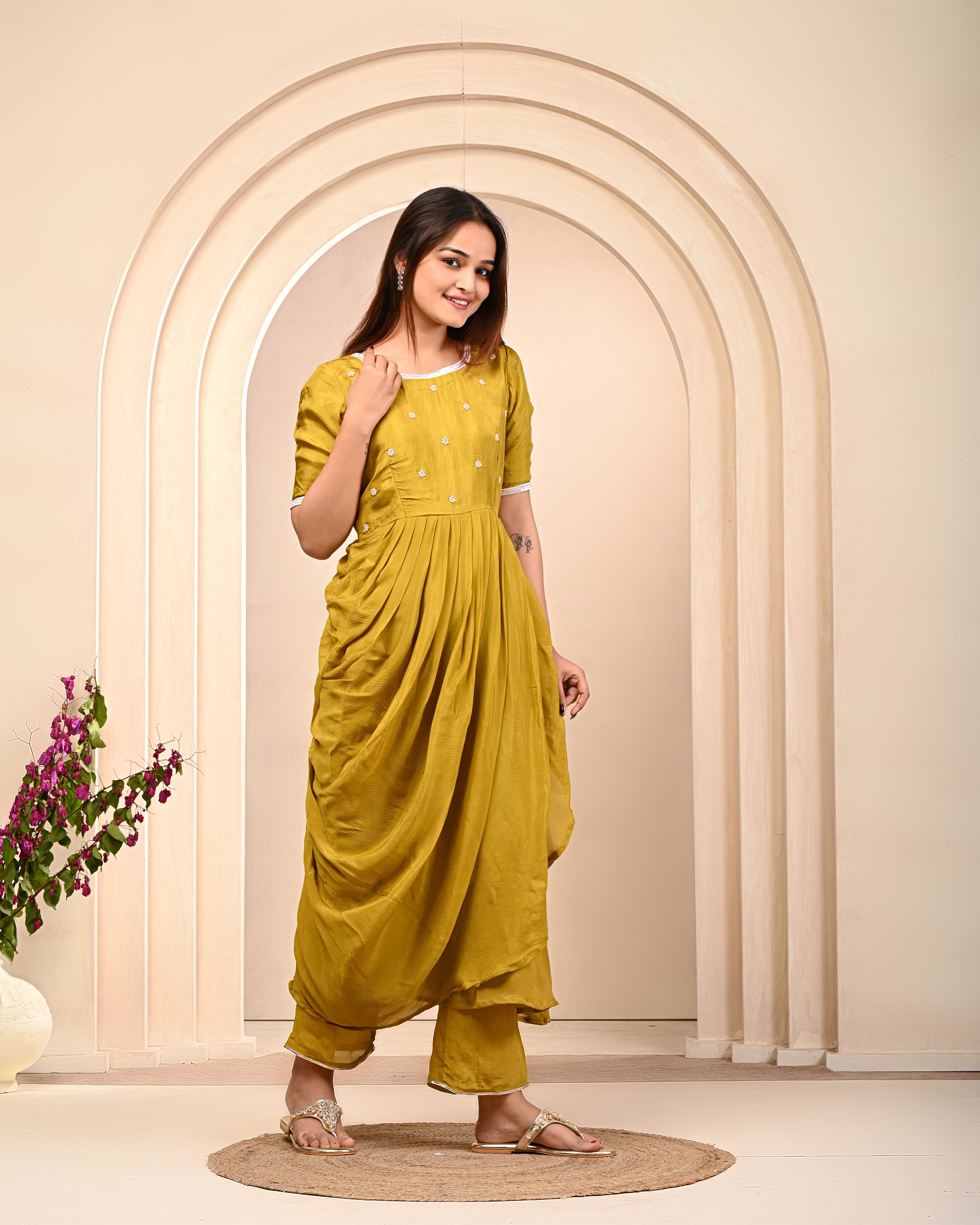 Pear Green Embellished Chinon Silk Kurta Pant Set