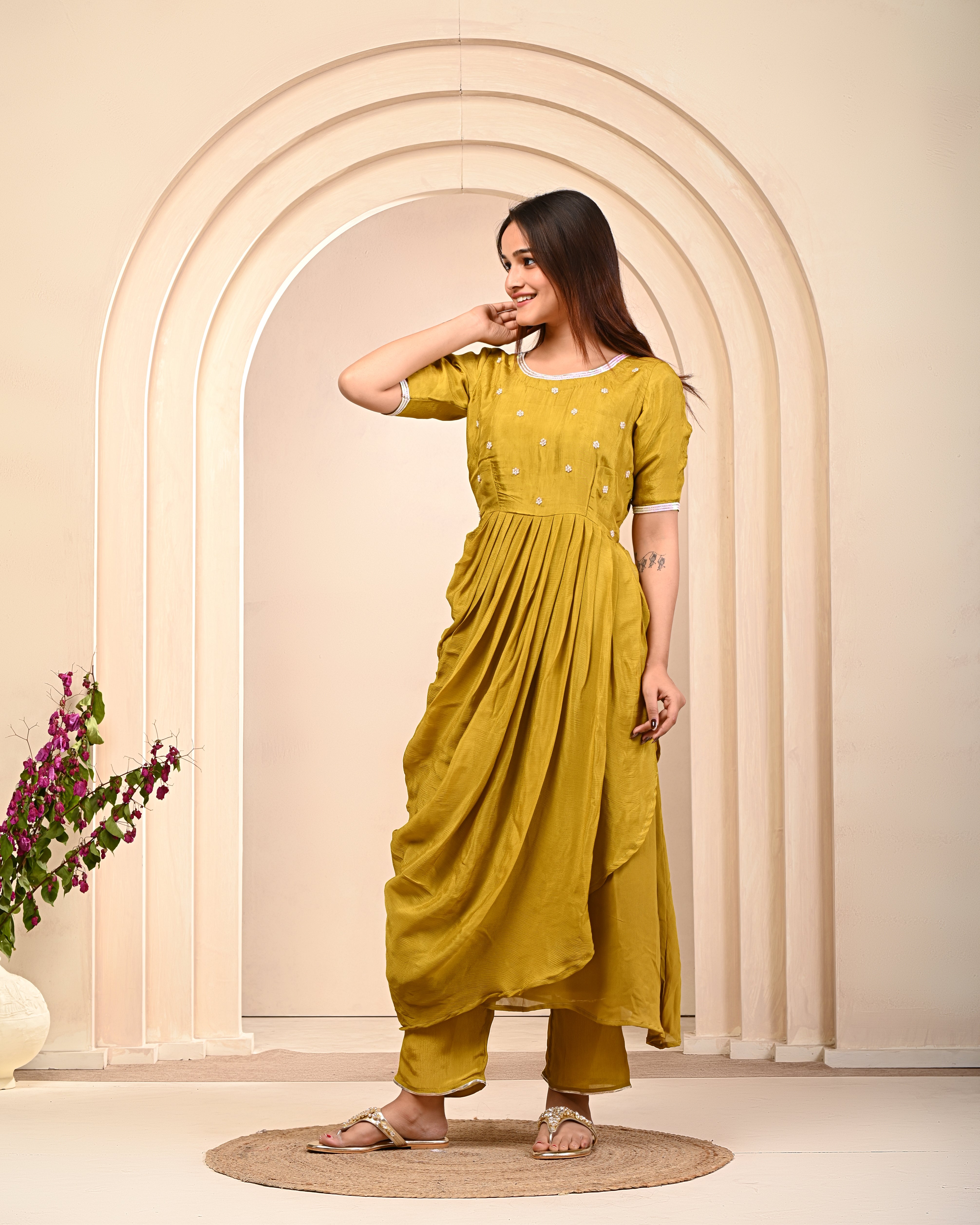 Pear Green Embellished Chinon Silk Kurta Pant Set