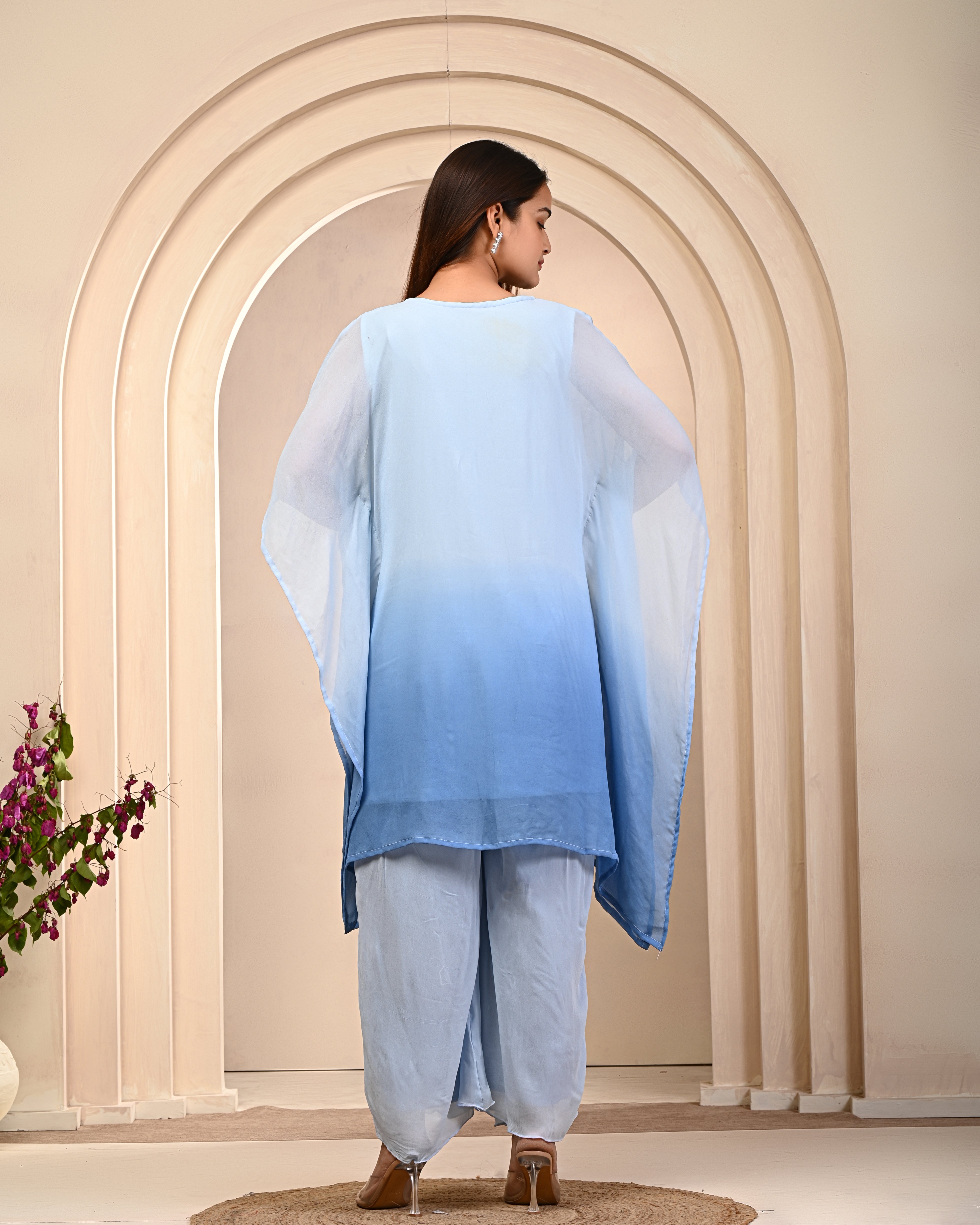 Pastel Blue Embroidered Georgette Silk Kaftan Set