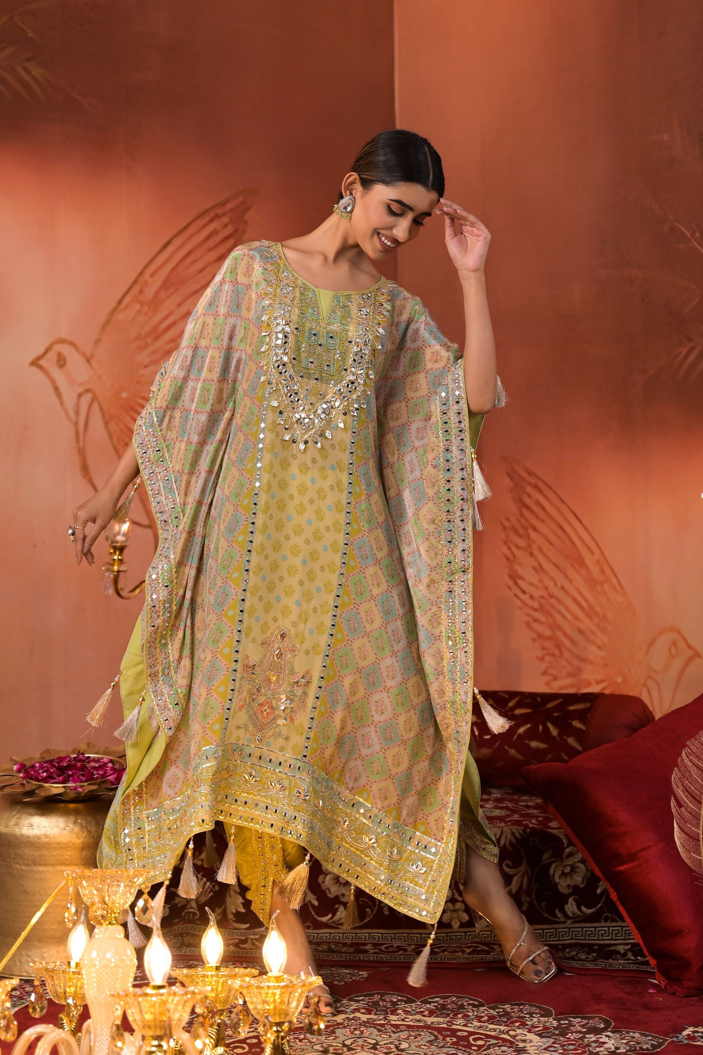 Pastel Green Premium Silk Kaftan Set