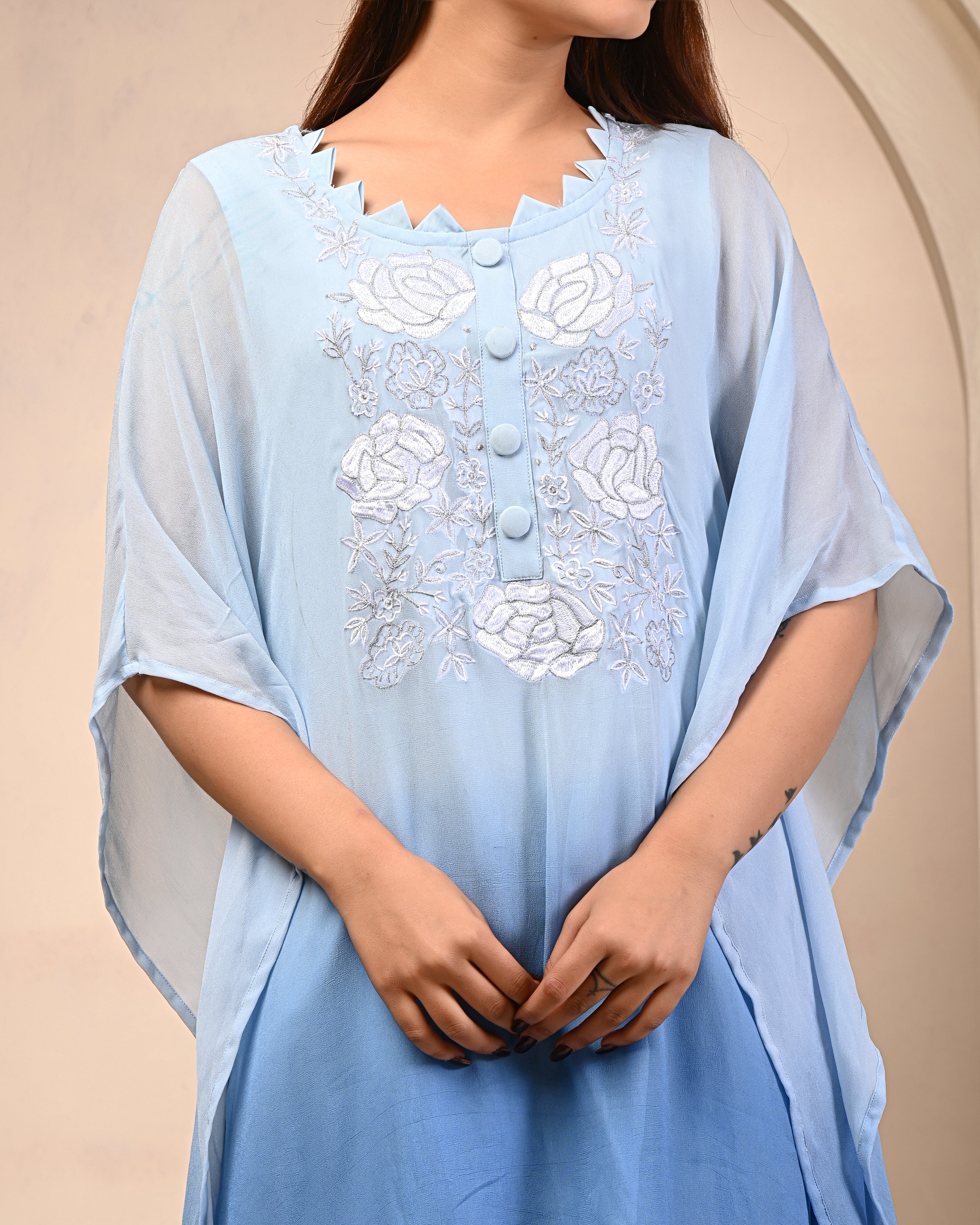 Pastel Blue Embroidered Georgette Silk Kaftan Set