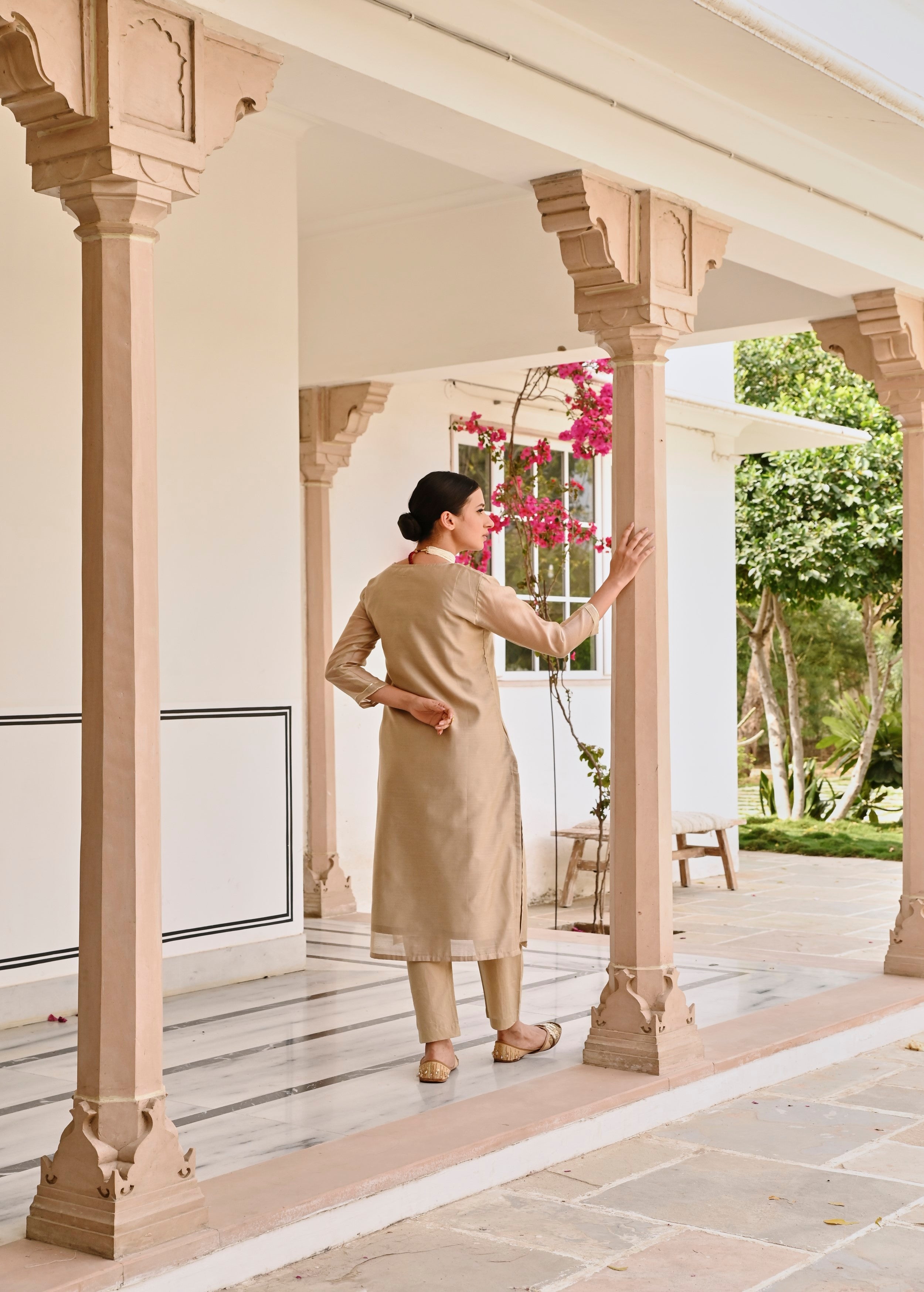 Beige Embellished Chanderi Silk Pant Set