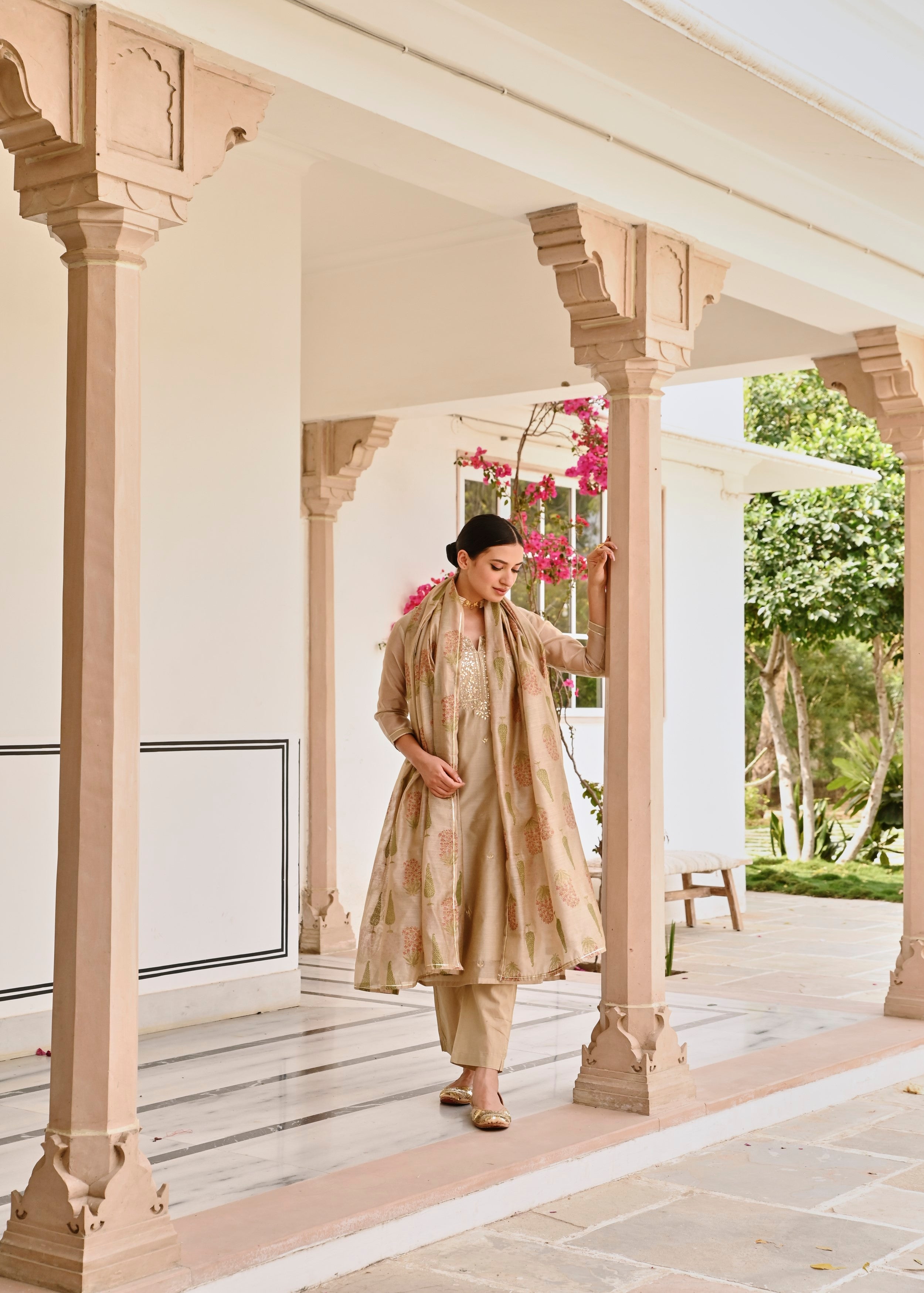 Beige Embellished Chanderi Silk Pant Set