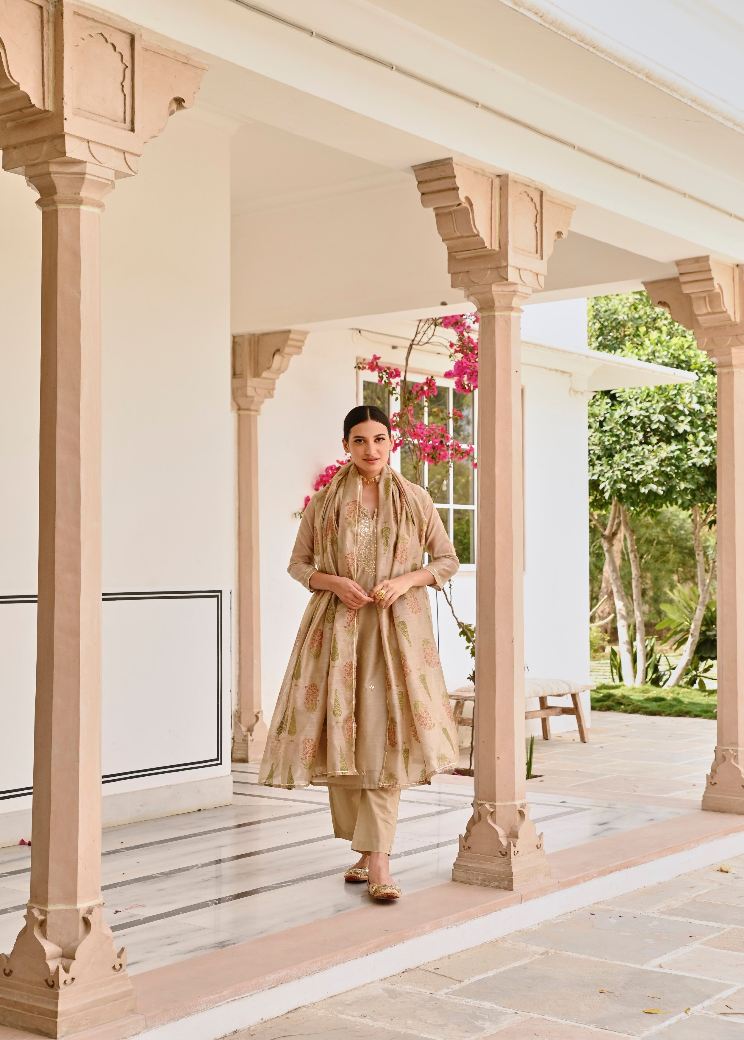 Beige Embellished Chanderi Silk Pant Set