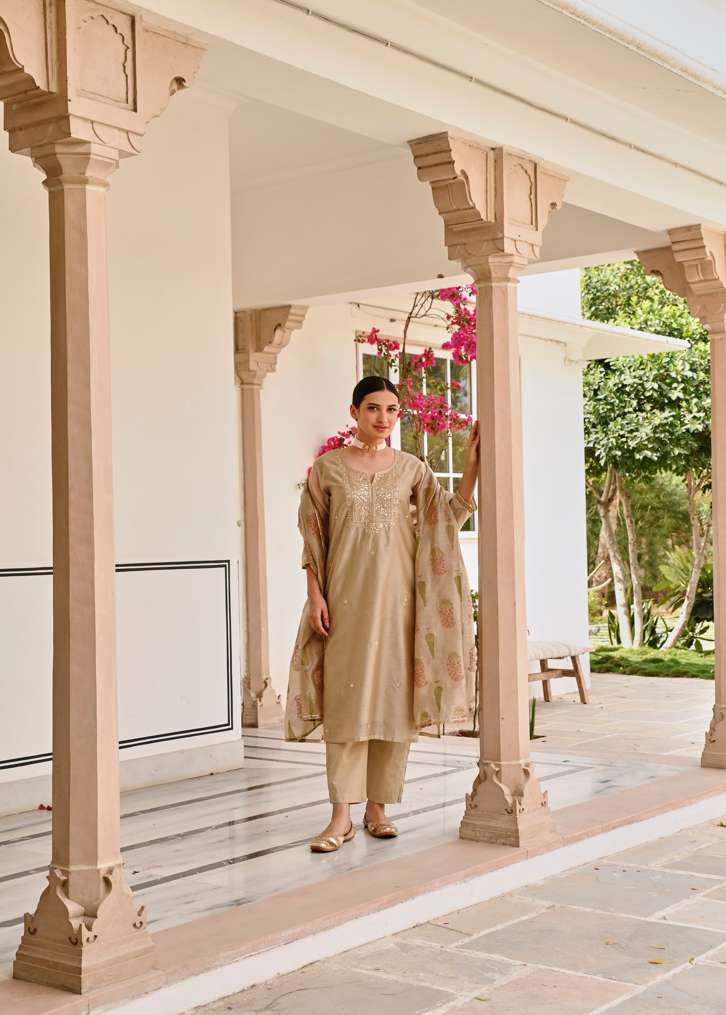 Beige Embellished Chanderi Silk Pant Set