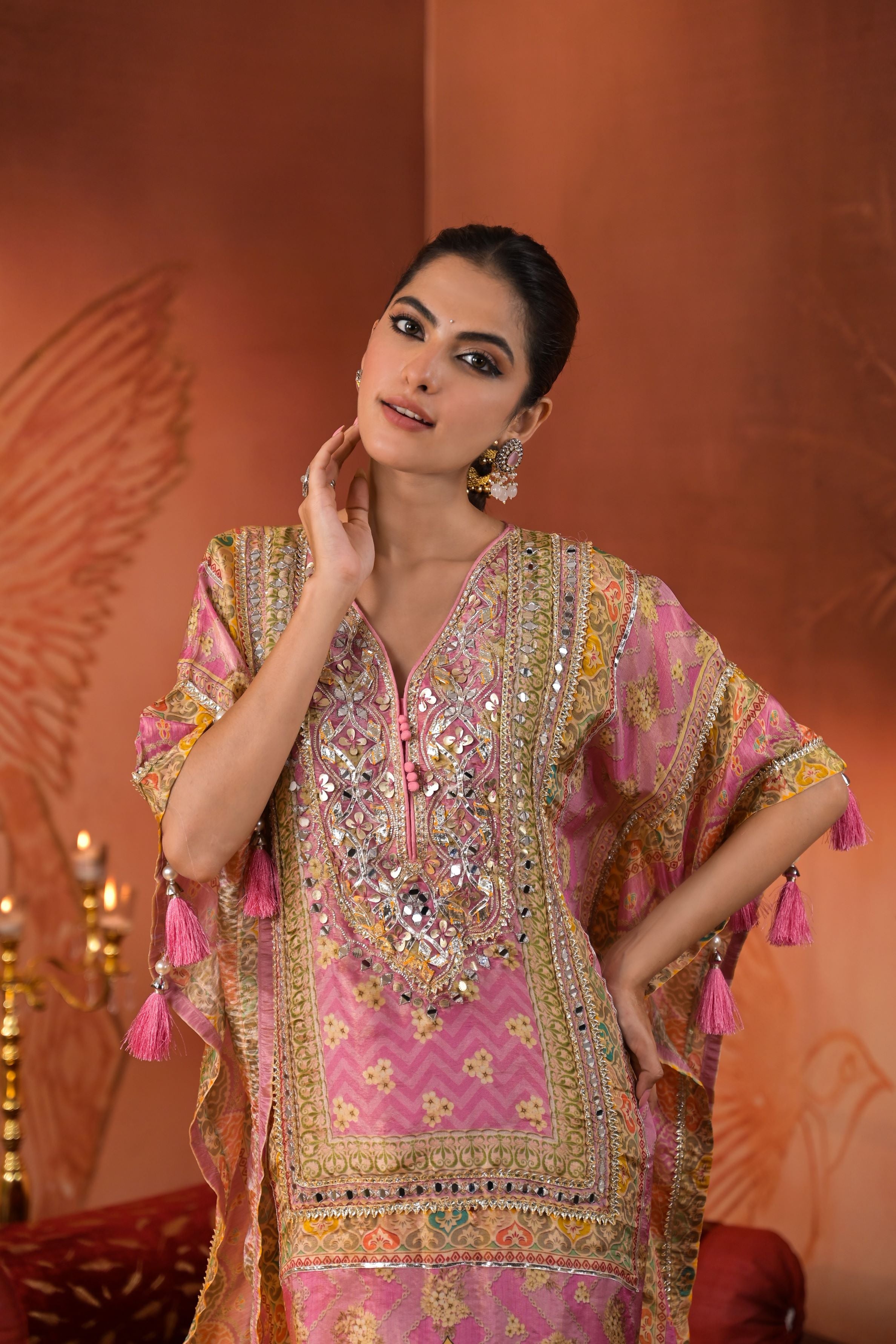 Pink Traditional Printed Organza Silk Kaftan Set