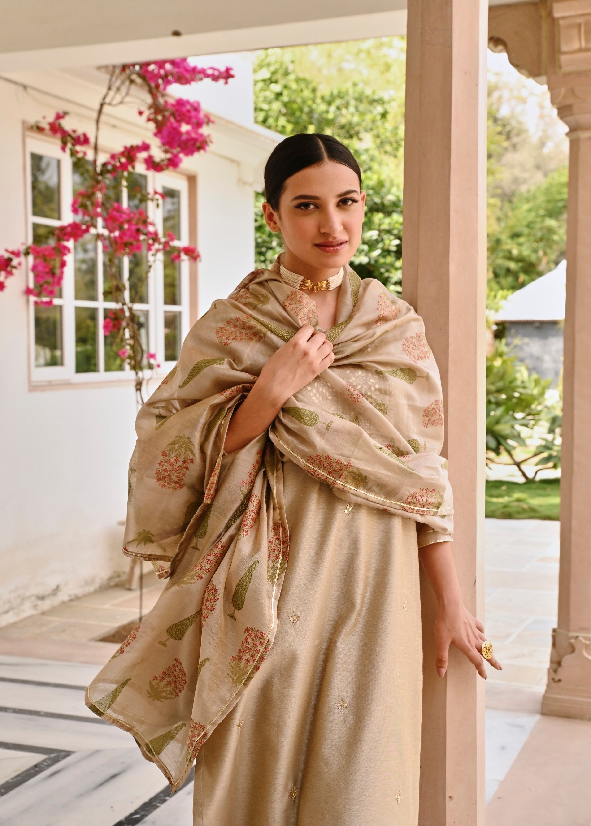 Beige Embellished Chanderi Silk Pant Set
