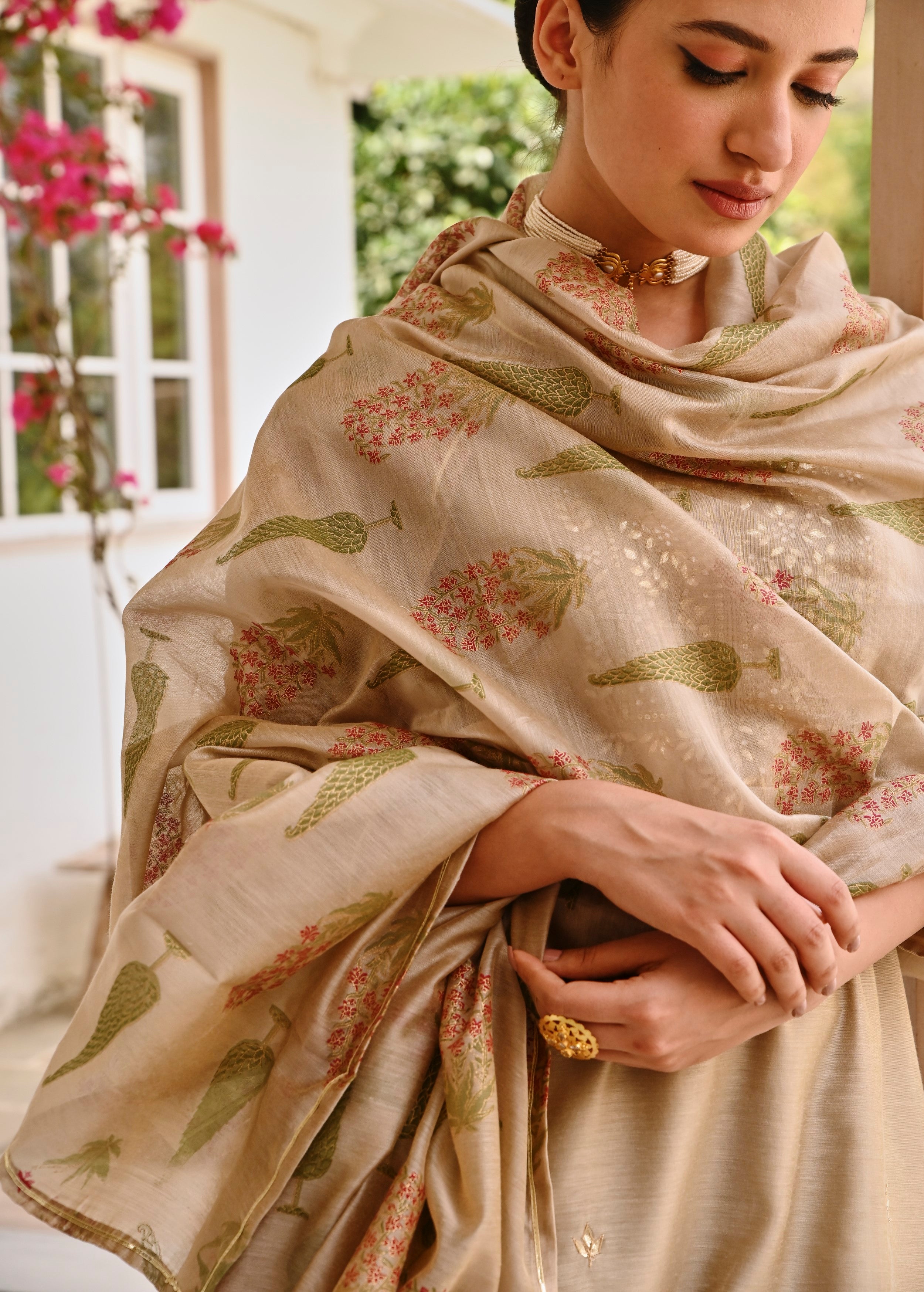 Beige Embellished Chanderi Silk Pant Set
