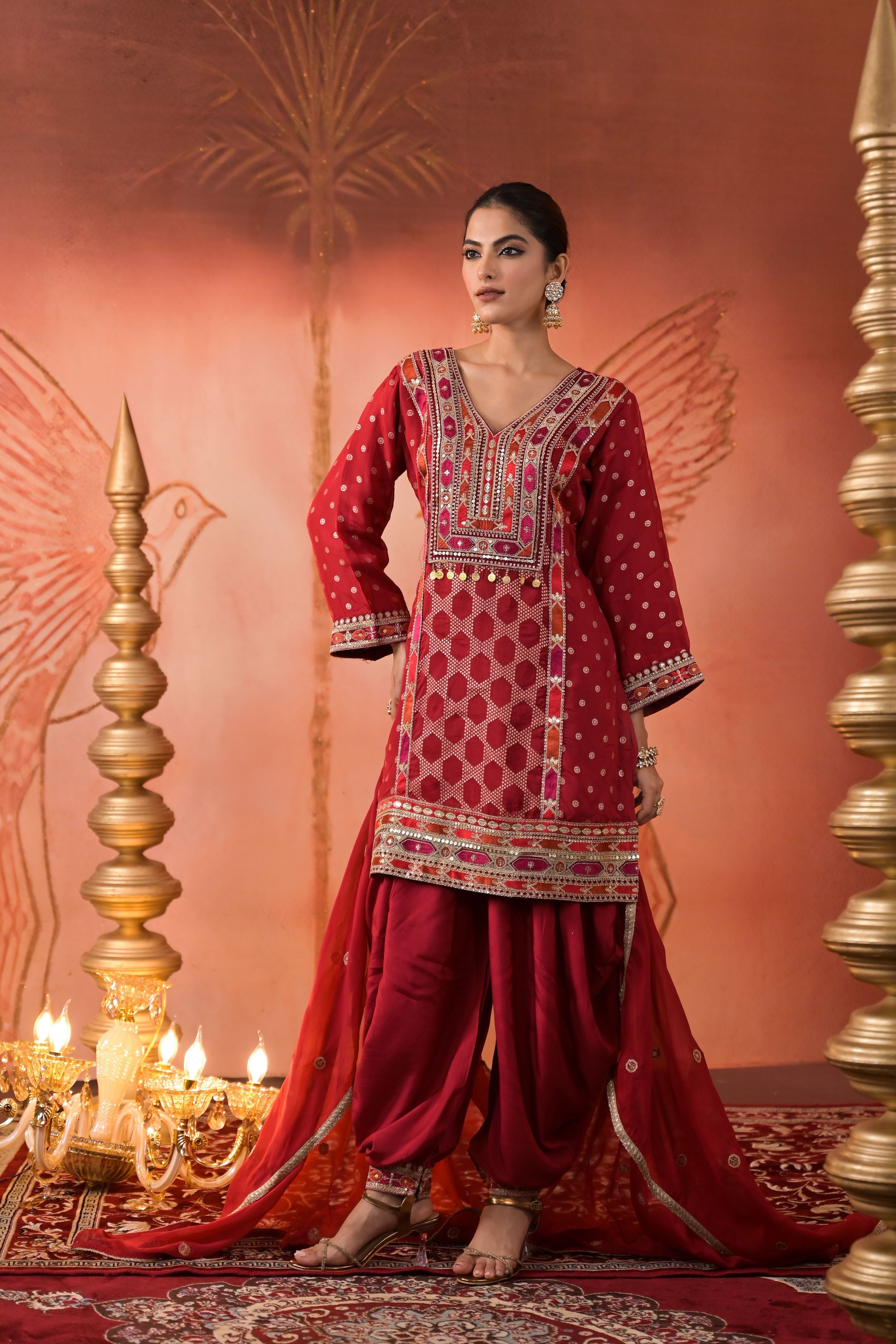 Maroon Embroidered Organza Silk Patiala Salwar Set