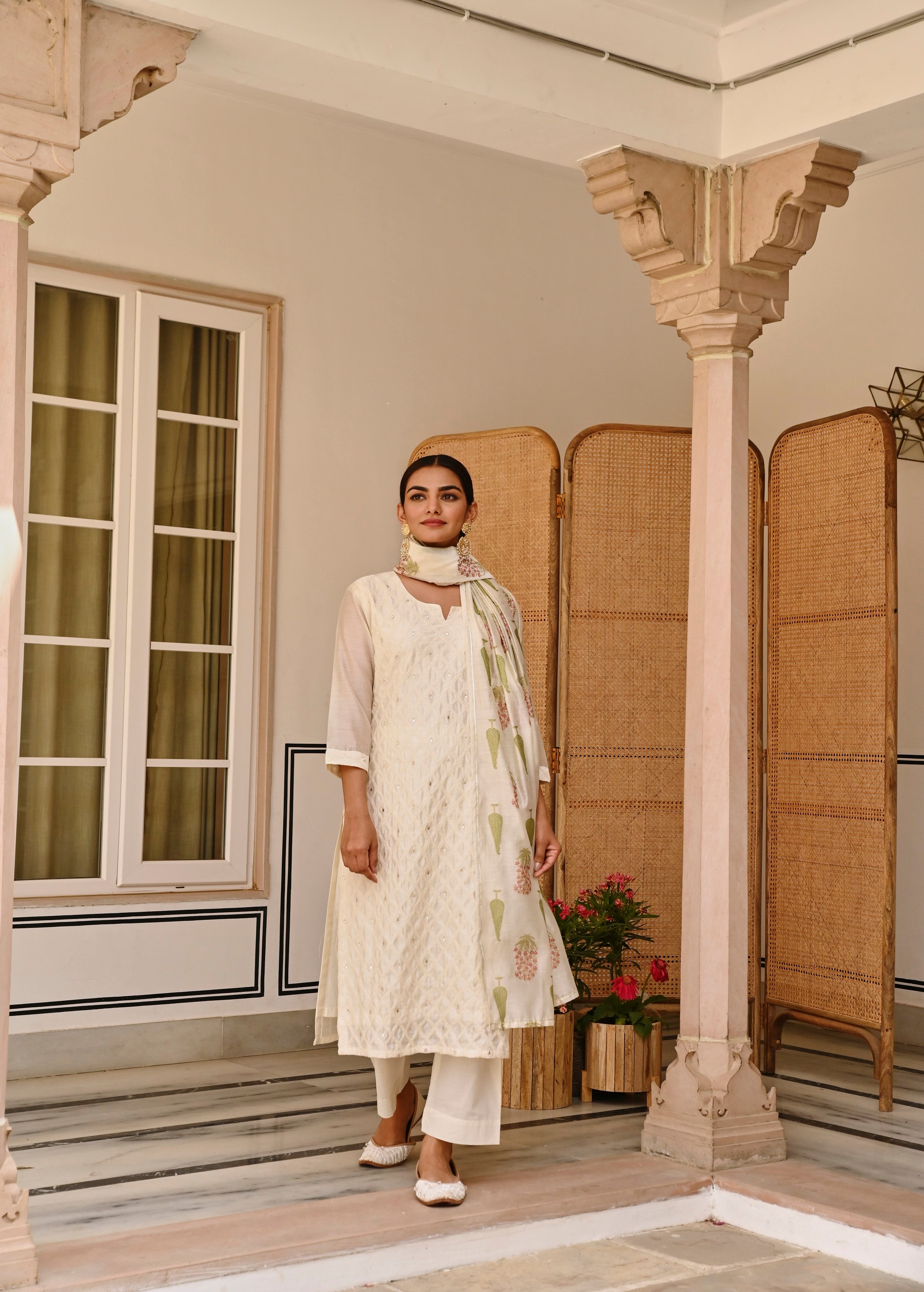 Off-White Embroidered Chanderi Silk Pant Set