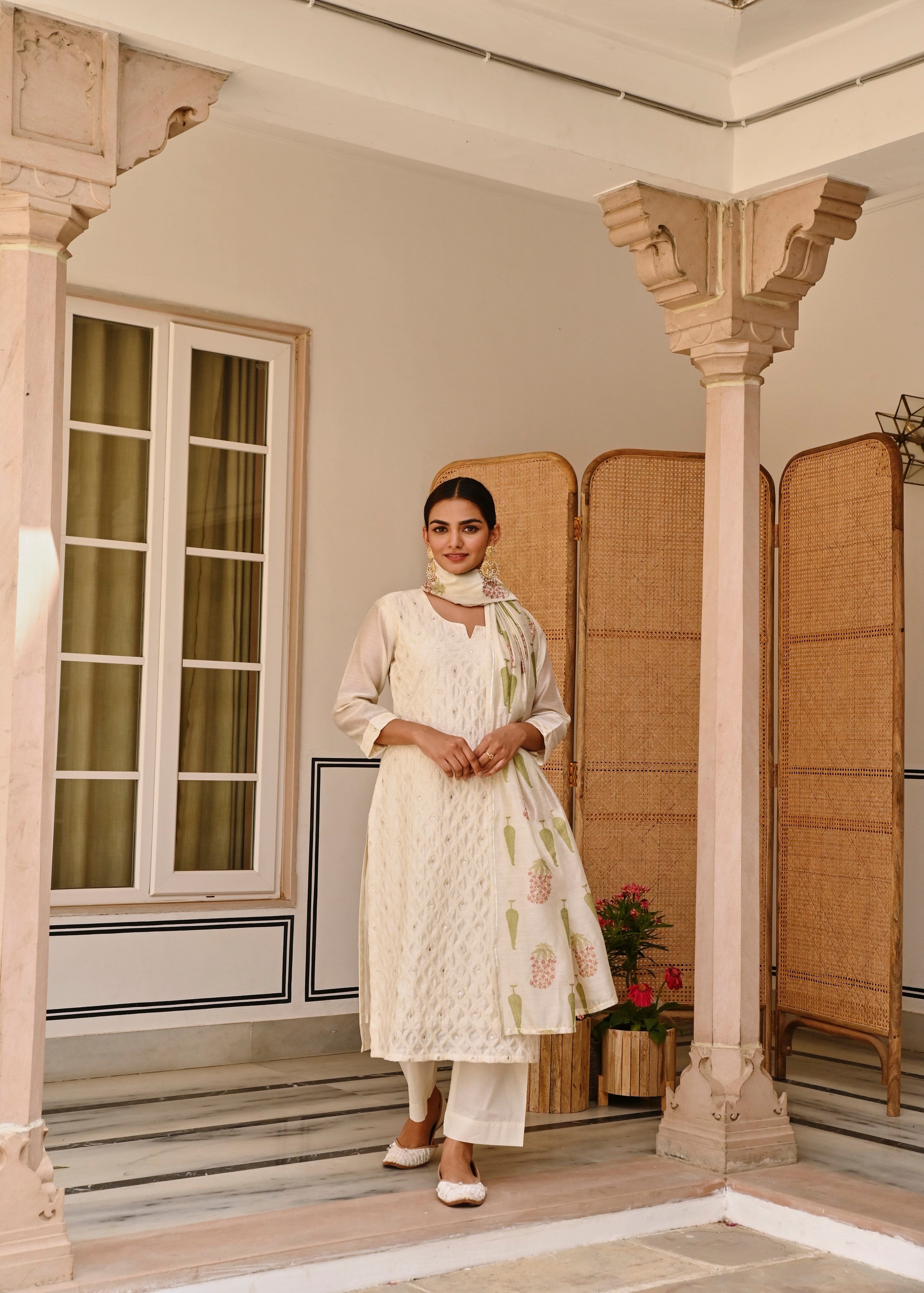 Off-White Embroidered Chanderi Silk Pant Set