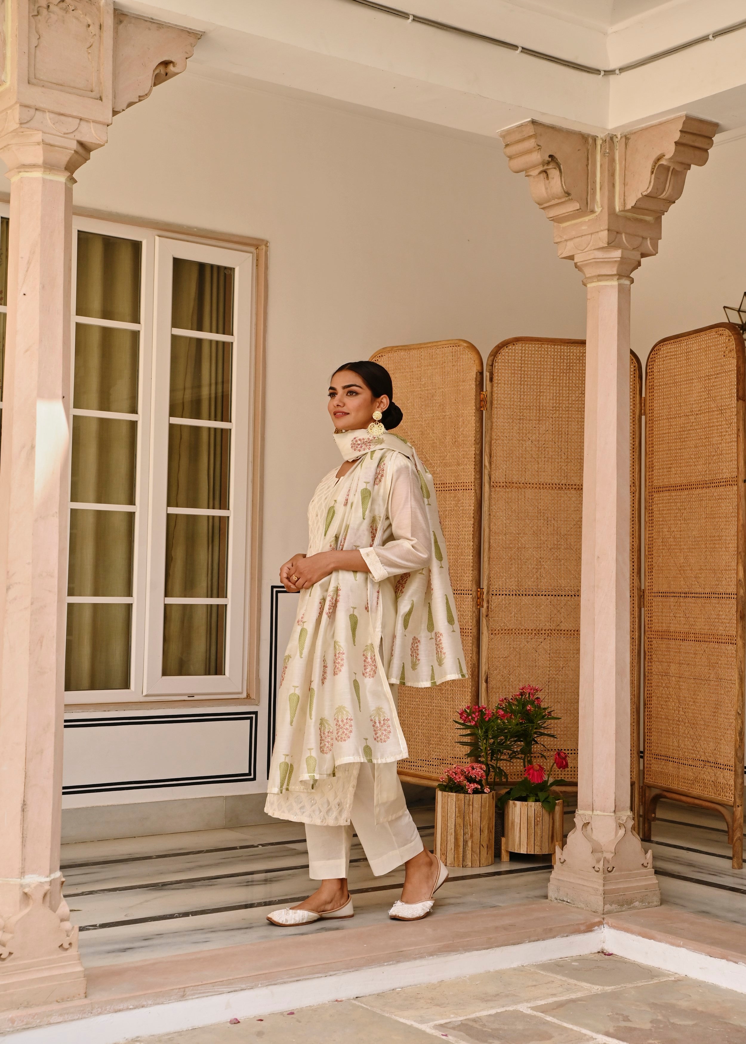 Off-White Embroidered Chanderi Silk Pant Set