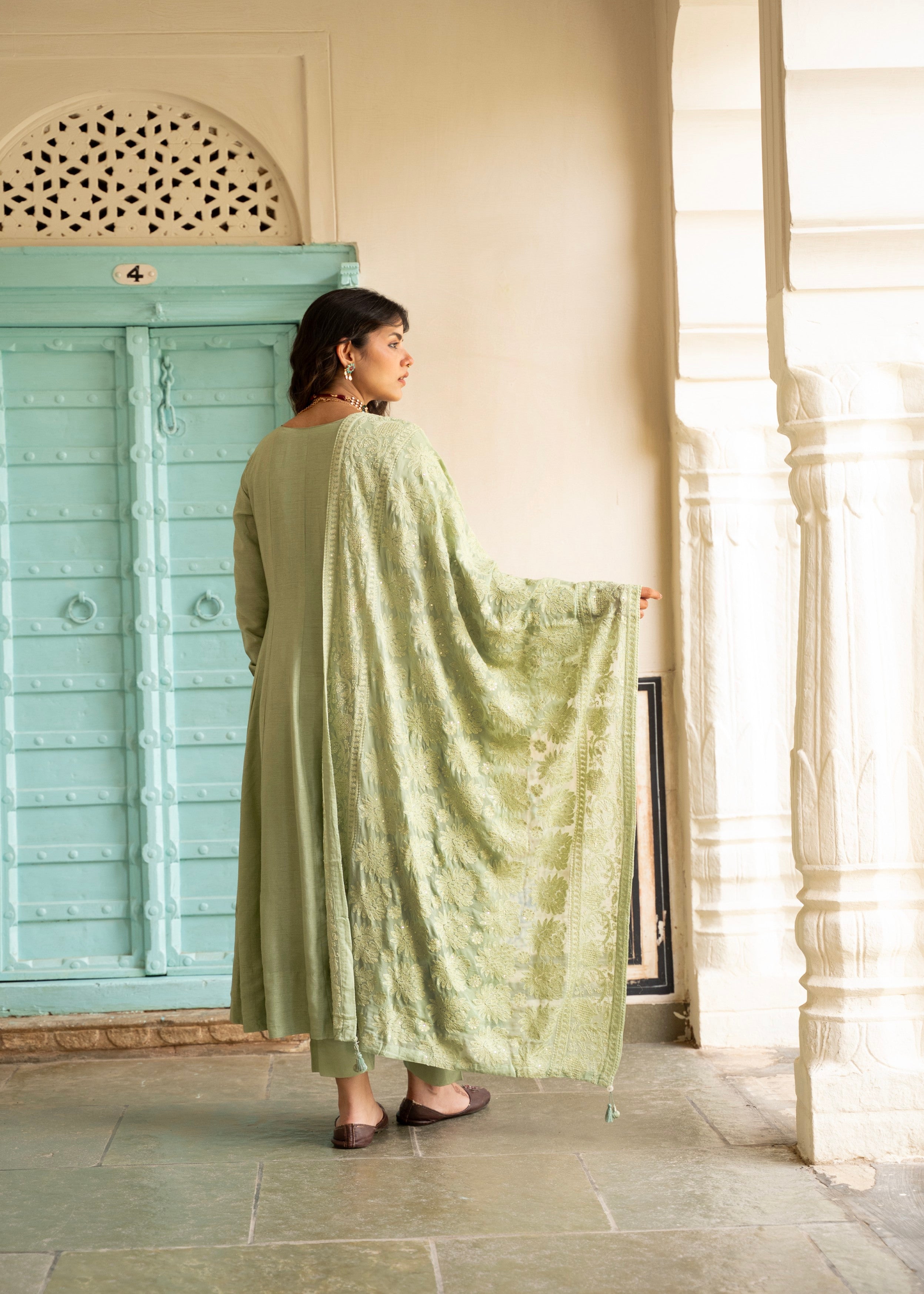 Sage Green Chikankari Dola Silk Anarkali Set