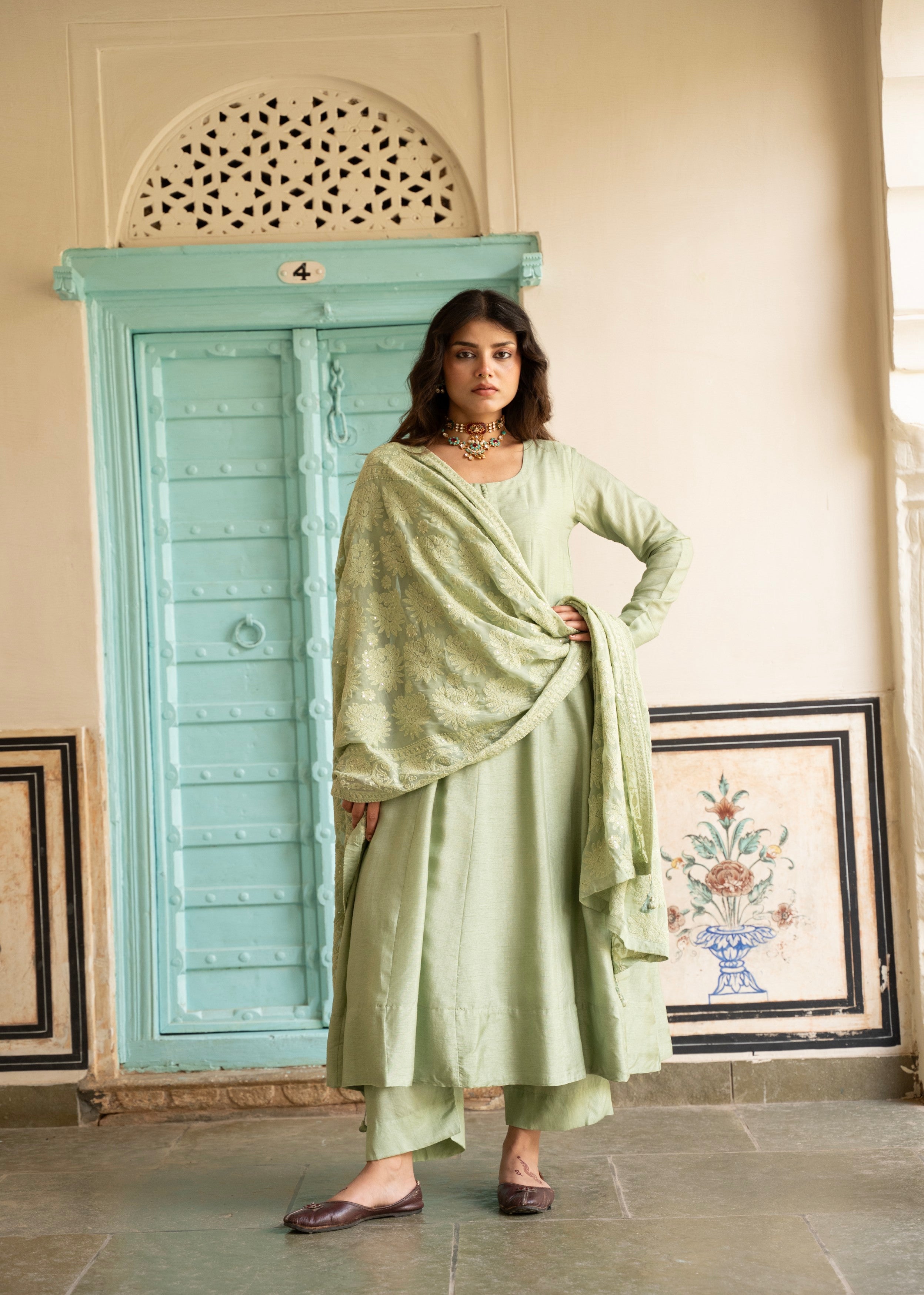 Sage Green Chikankari Dola Silk Anarkali Set