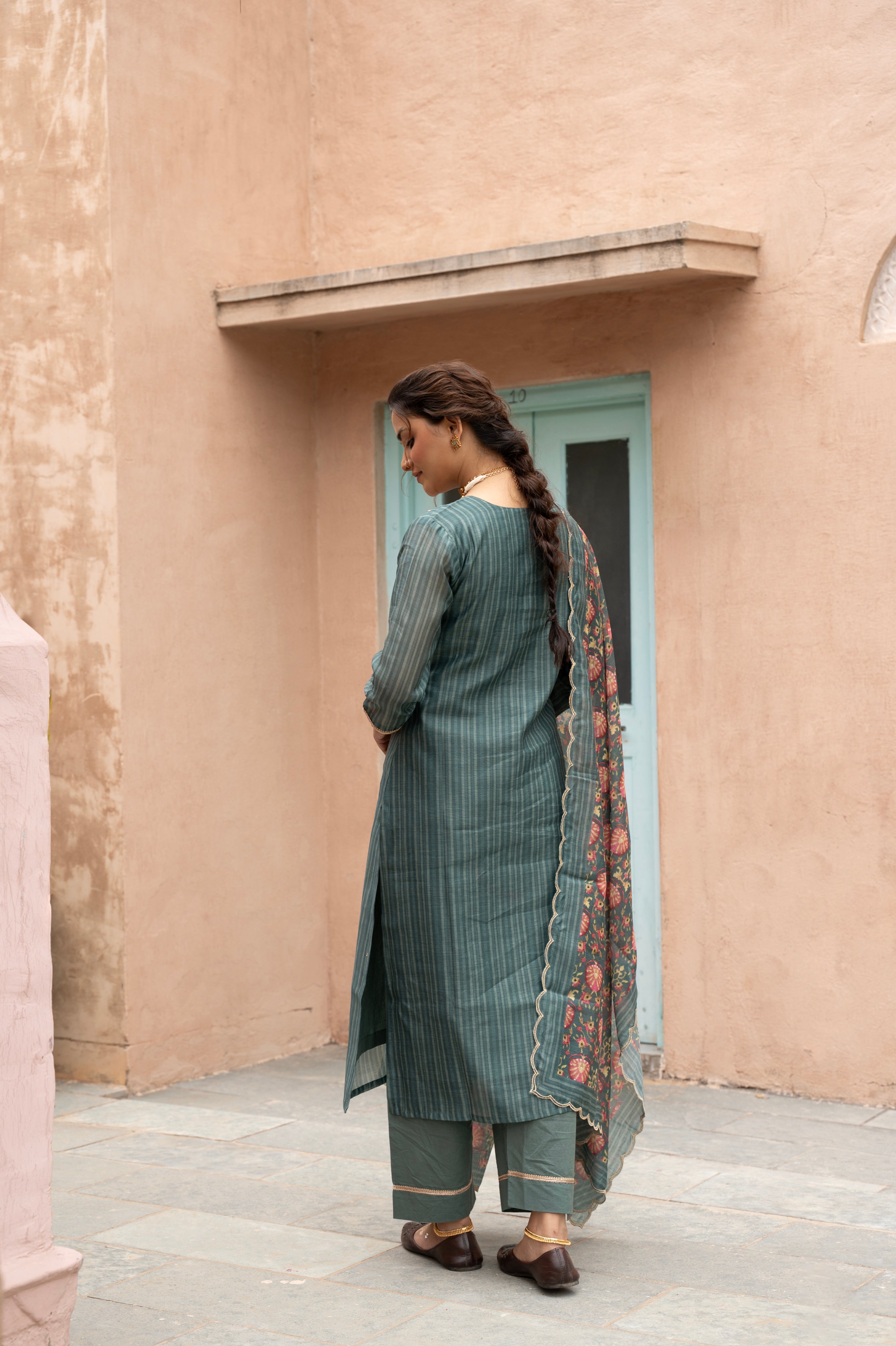 Teal Green Embellished Chanderi Silk Pant Set