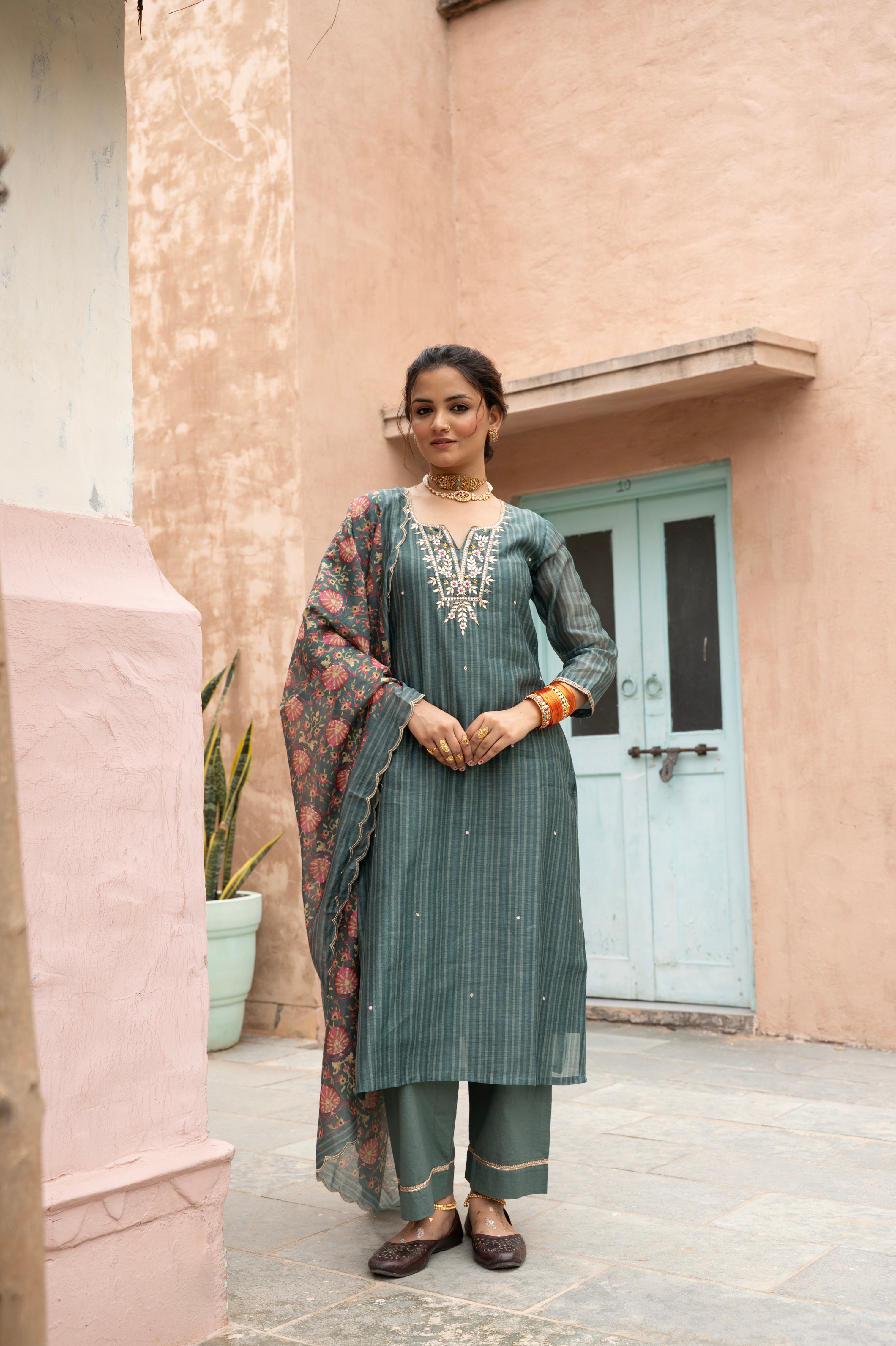 Teal Green Embellished Chanderi Silk Pant Set