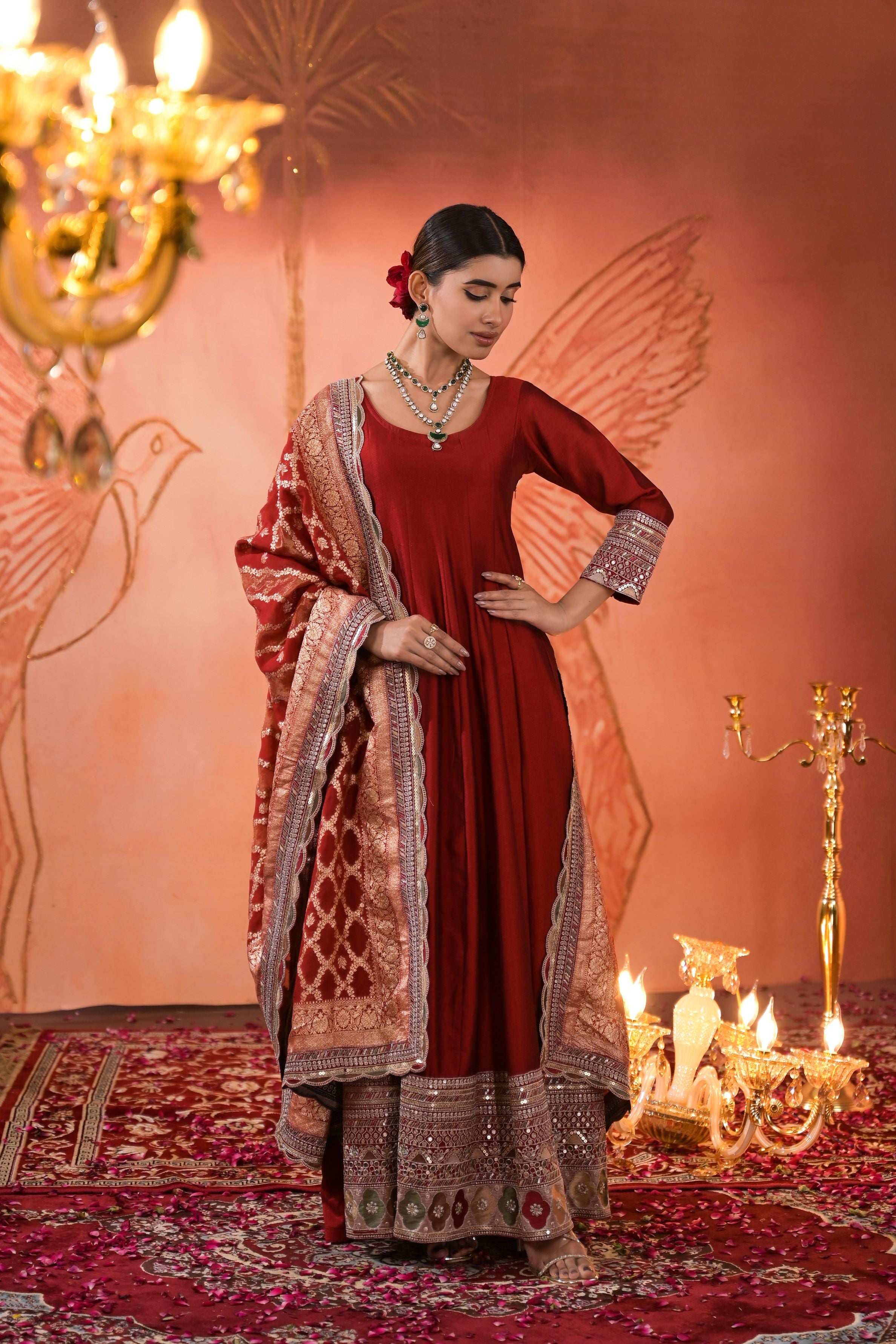 Maroon Embellished Italian Silk Anarkali Set