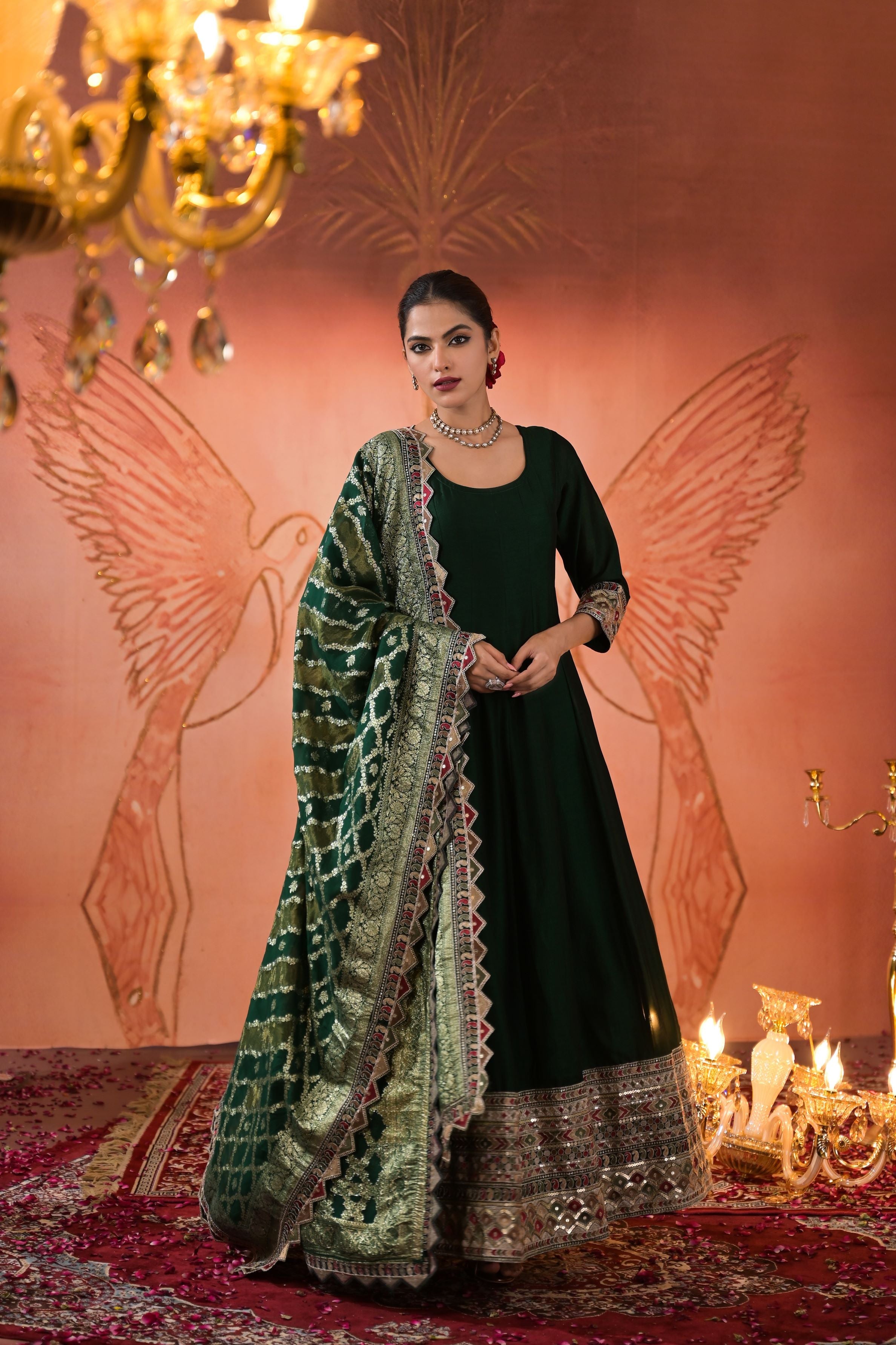 Deep Green Embellished Italian Silk Anarkali Set