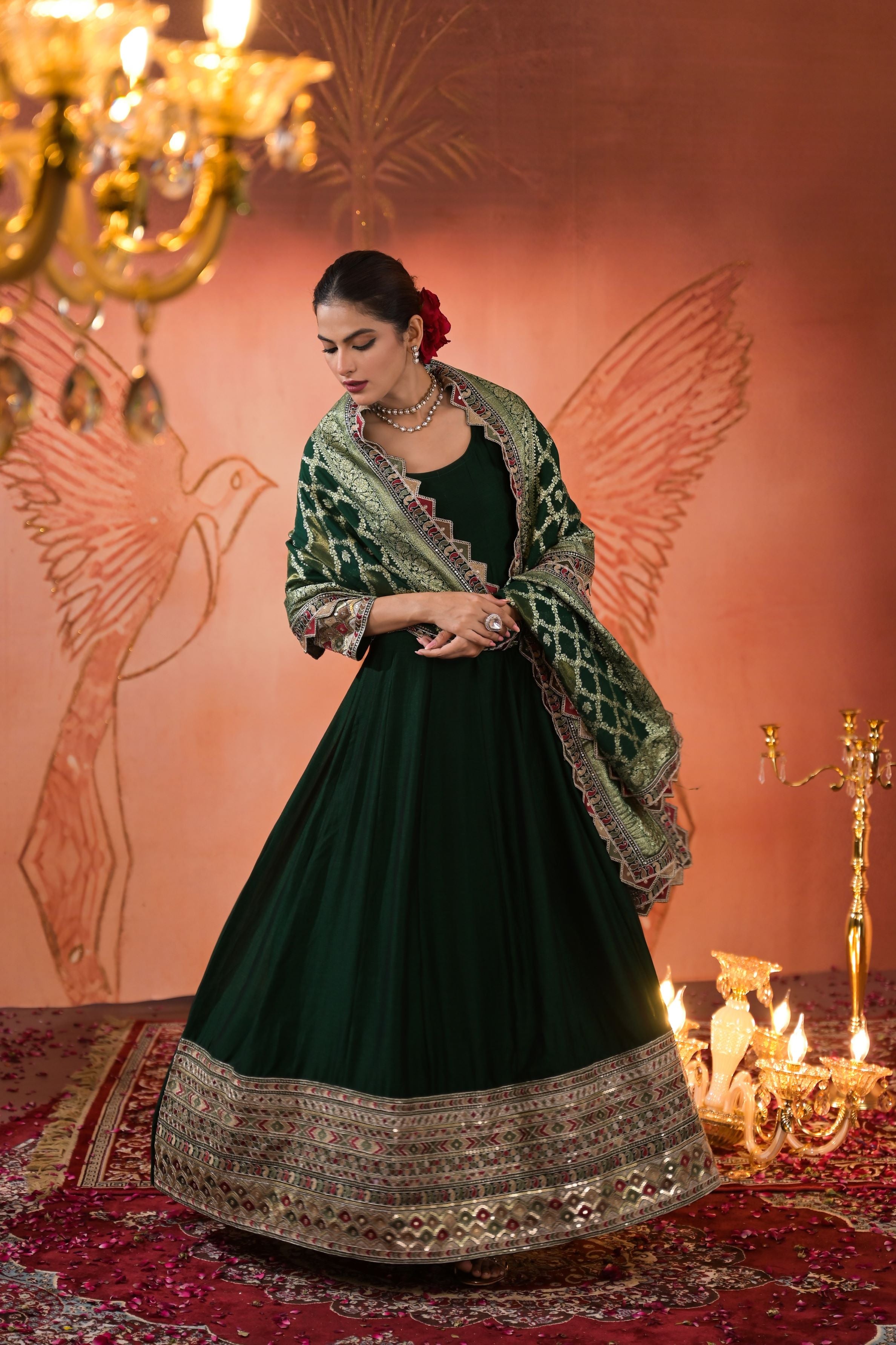 Deep Green Embellished Italian Silk Anarkali Set