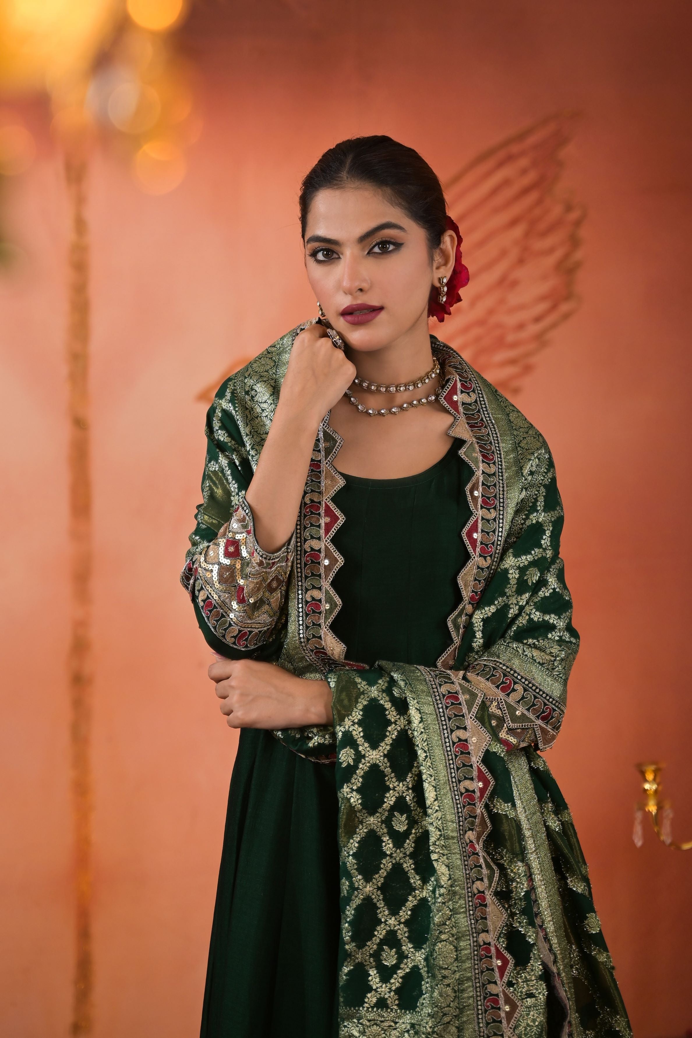 Deep Green Embellished Italian Silk Anarkali Set