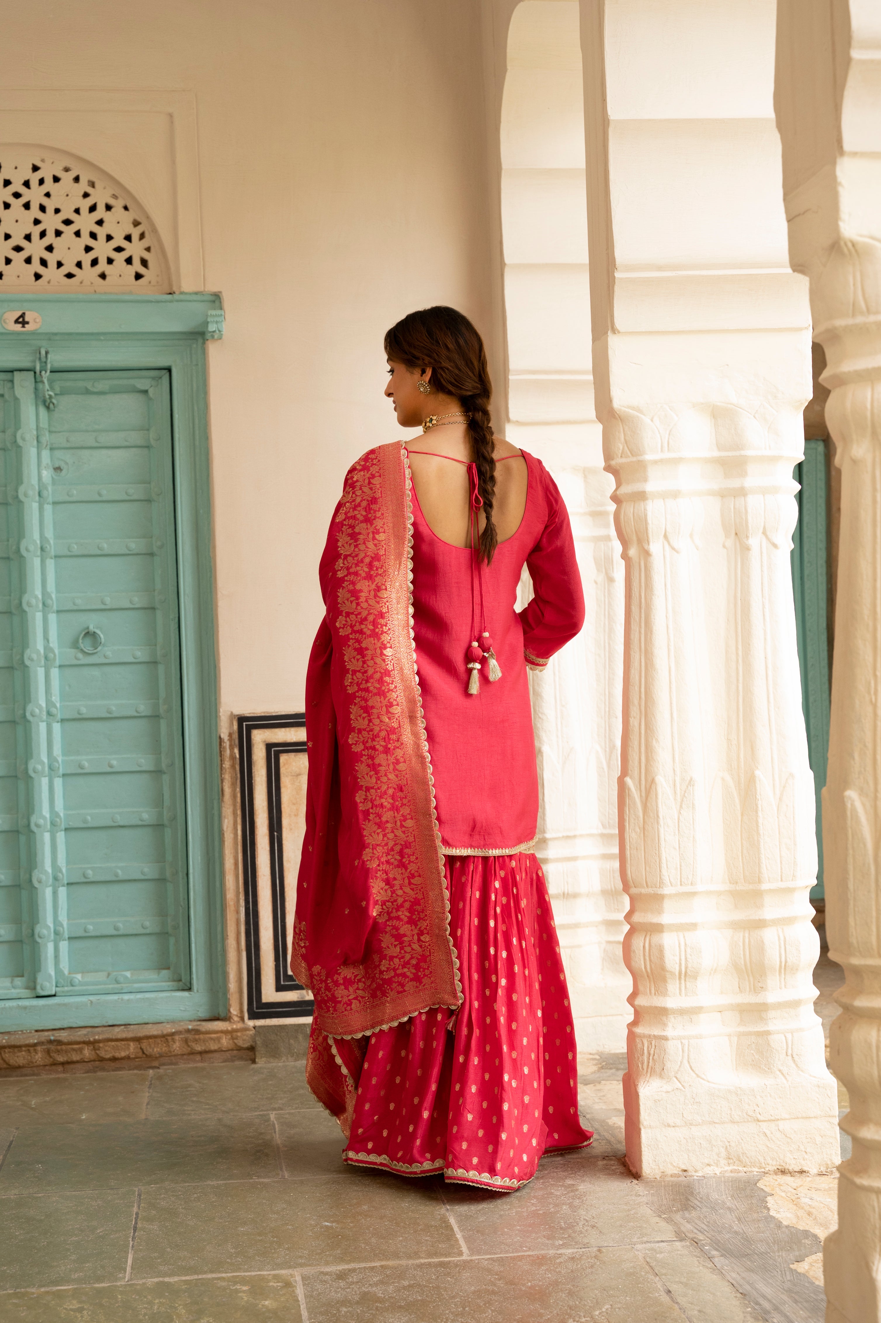 Pink Embellished Dola Silk Sharara Set