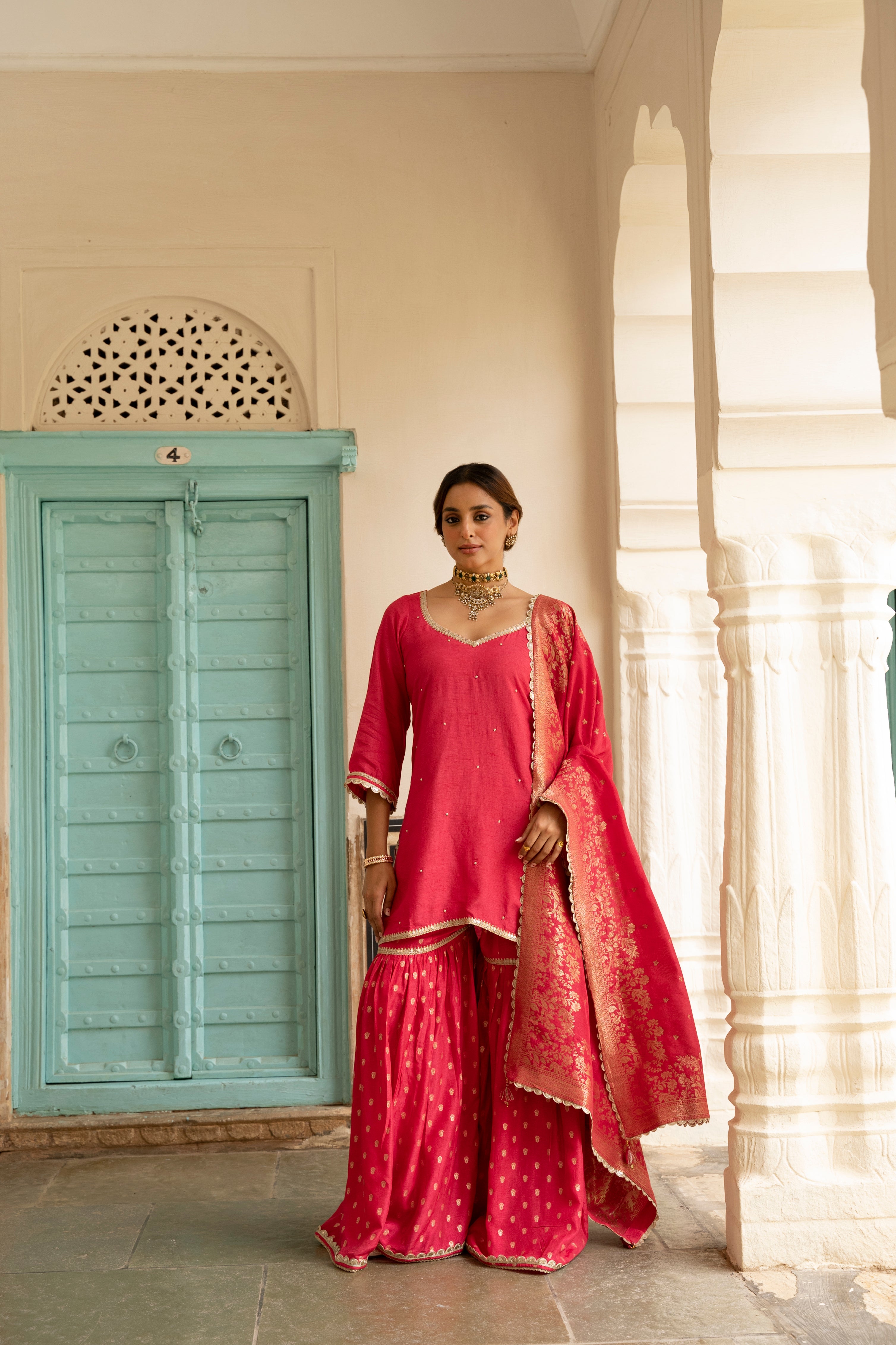 Pink Embellished Dola Silk Sharara Set