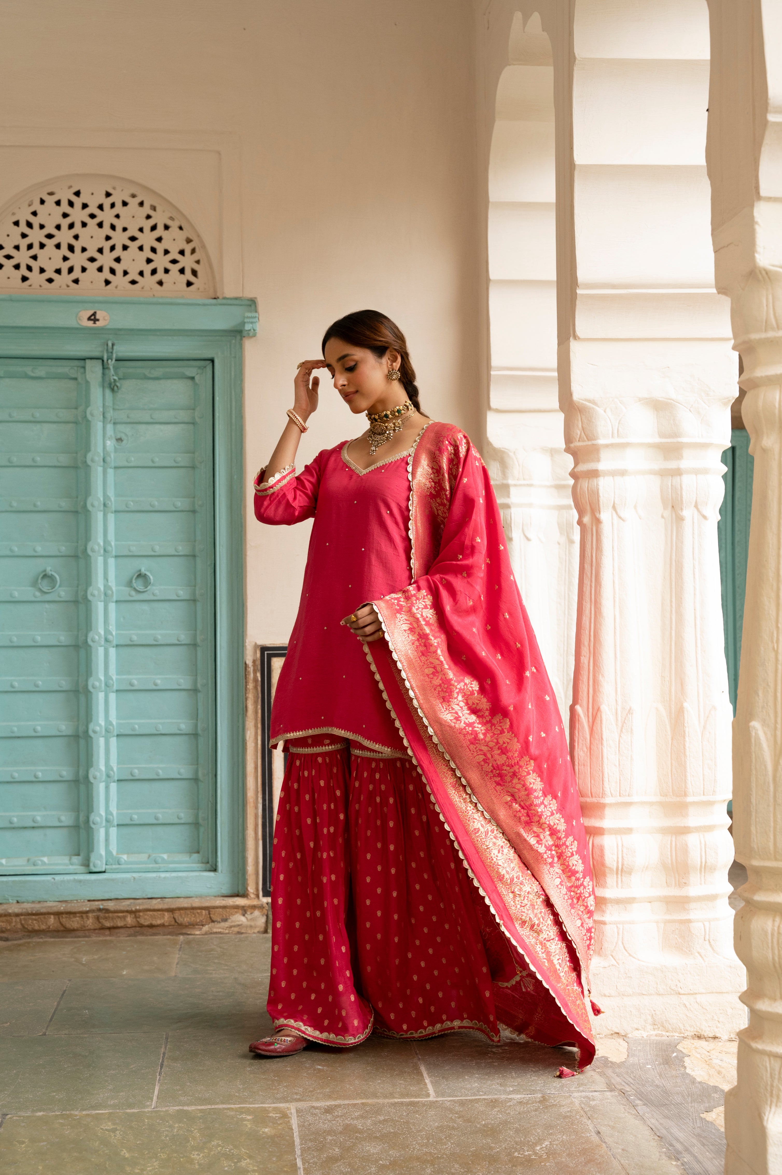 Pink Embellished Dola Silk Sharara Set
