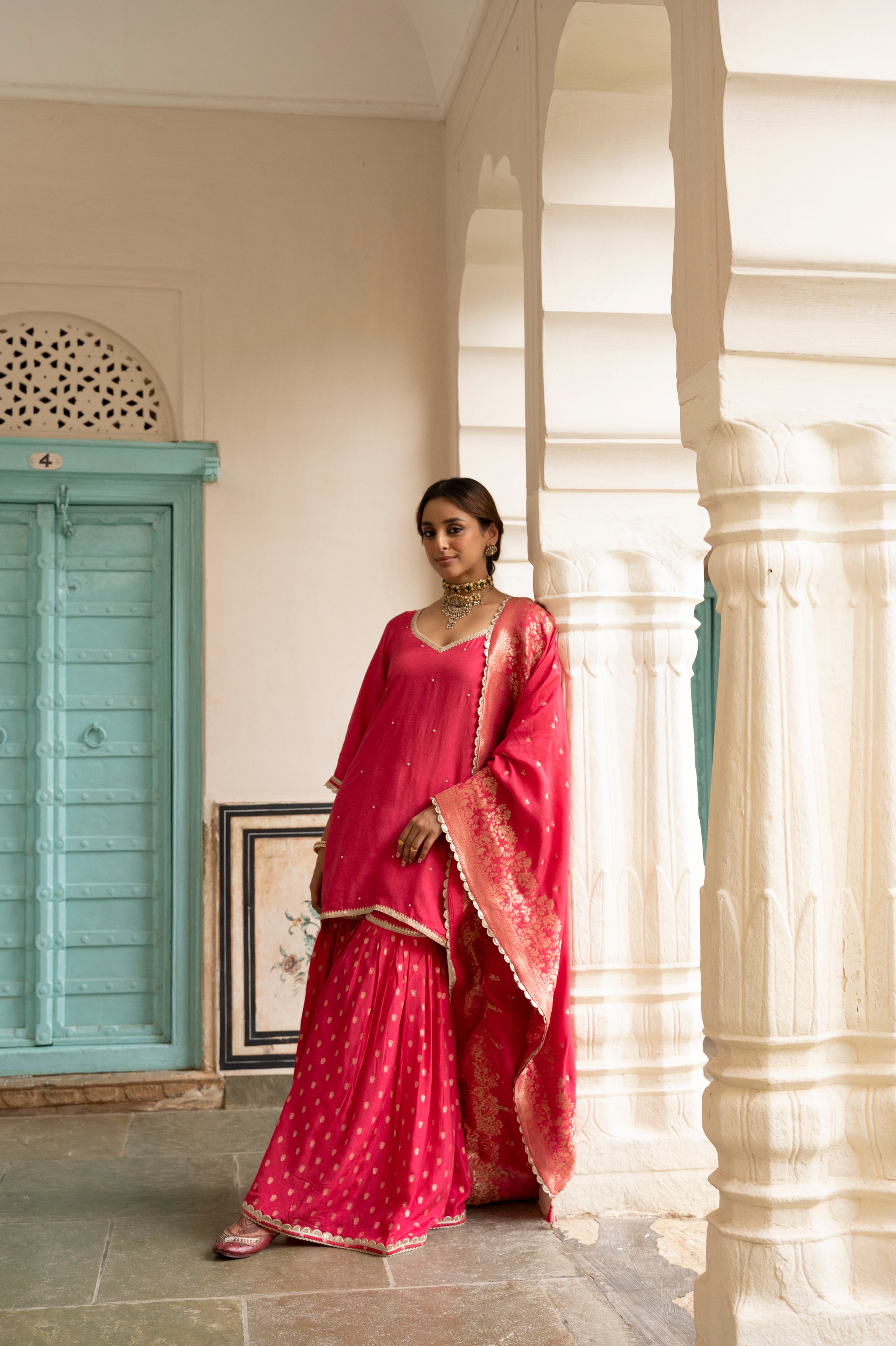 Pink Embellished Dola Silk Sharara Set
