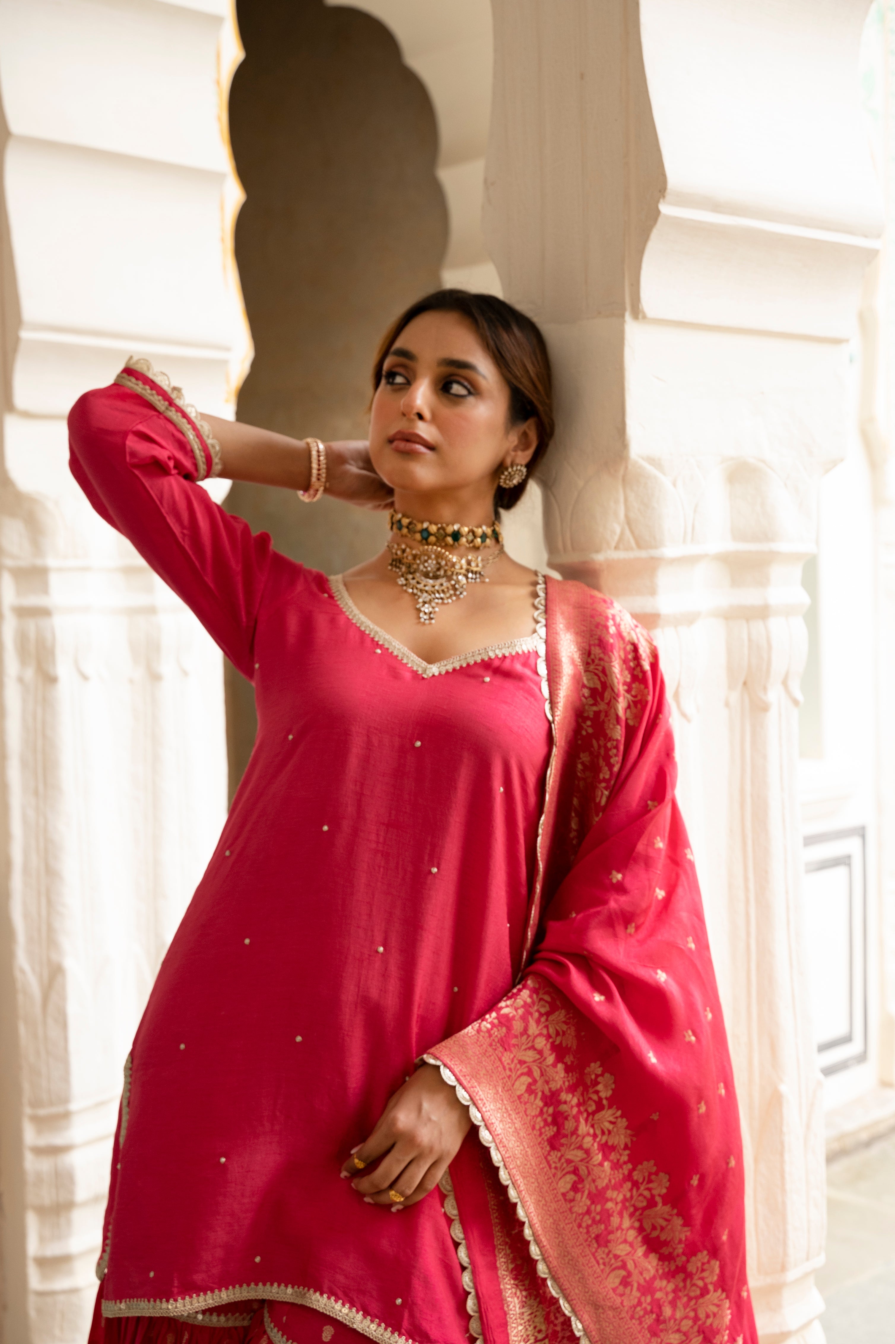 Pink Embellished Dola Silk Sharara Set