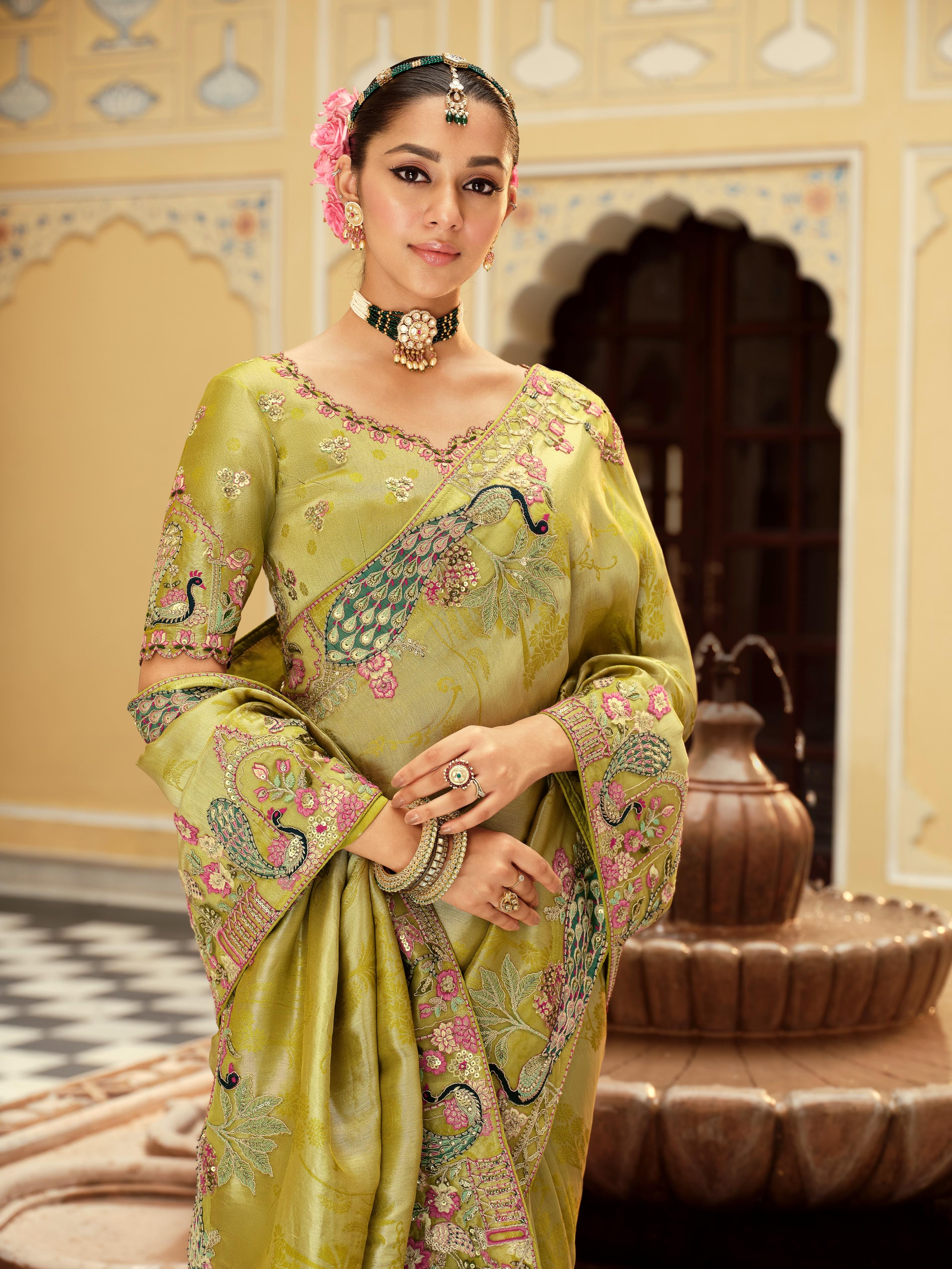 Traditional Green Premium Fabric Saree with Embroidery and Patchwork