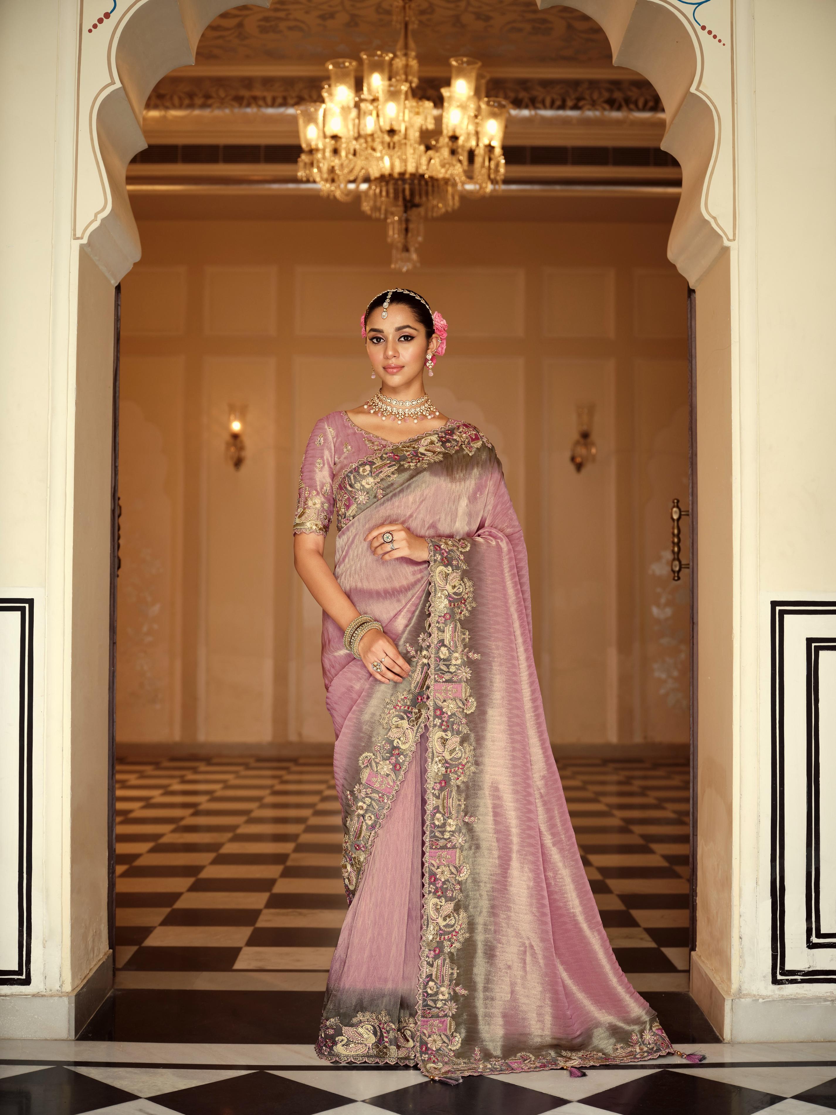 Traditional Lavender Premium Fabric Saree with Embroidery and Patchwork