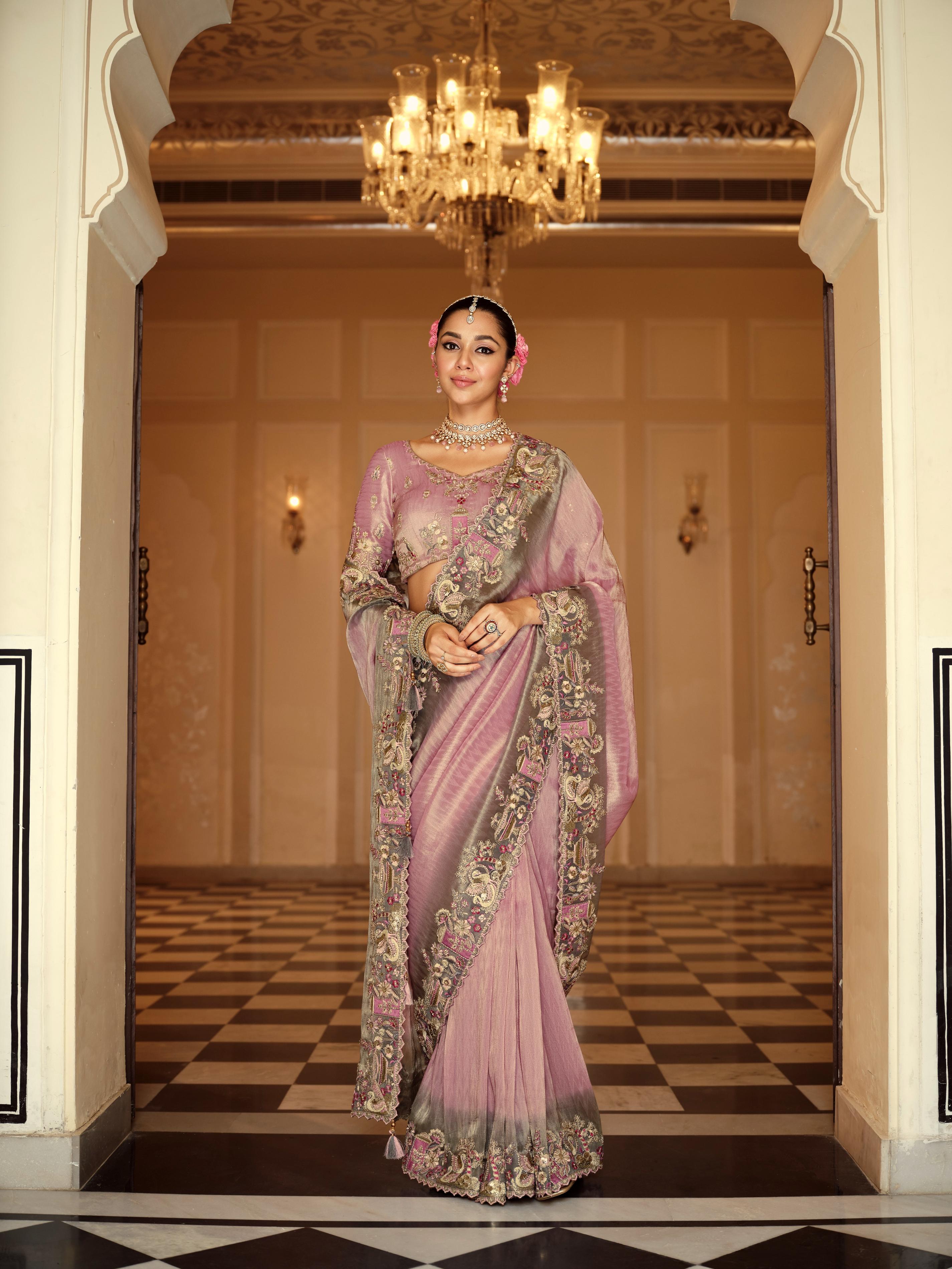 Traditional Lavender Premium Fabric Saree with Embroidery and Patchwork