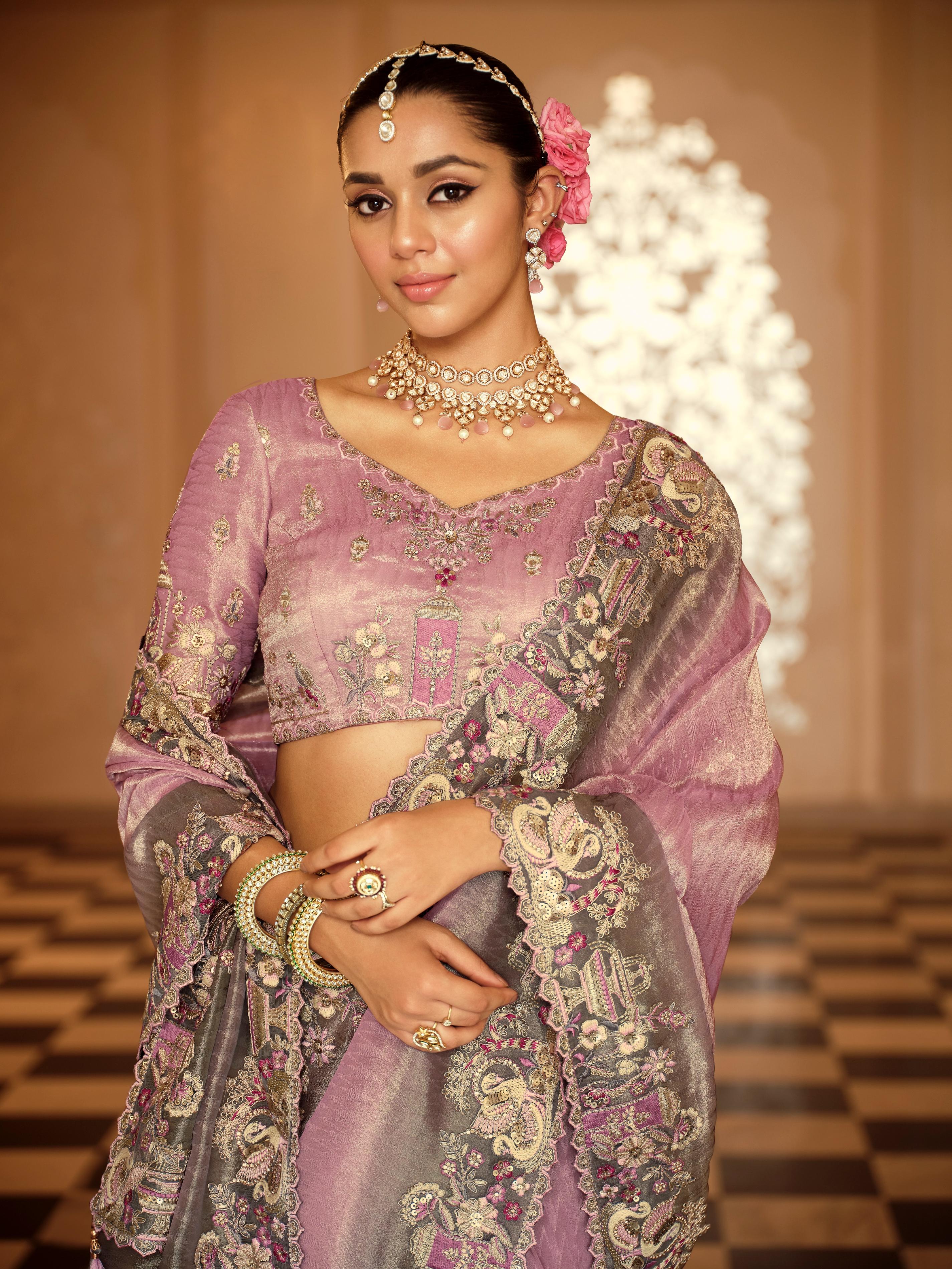 Traditional Lavender Premium Fabric Saree with Embroidery and Patchwork