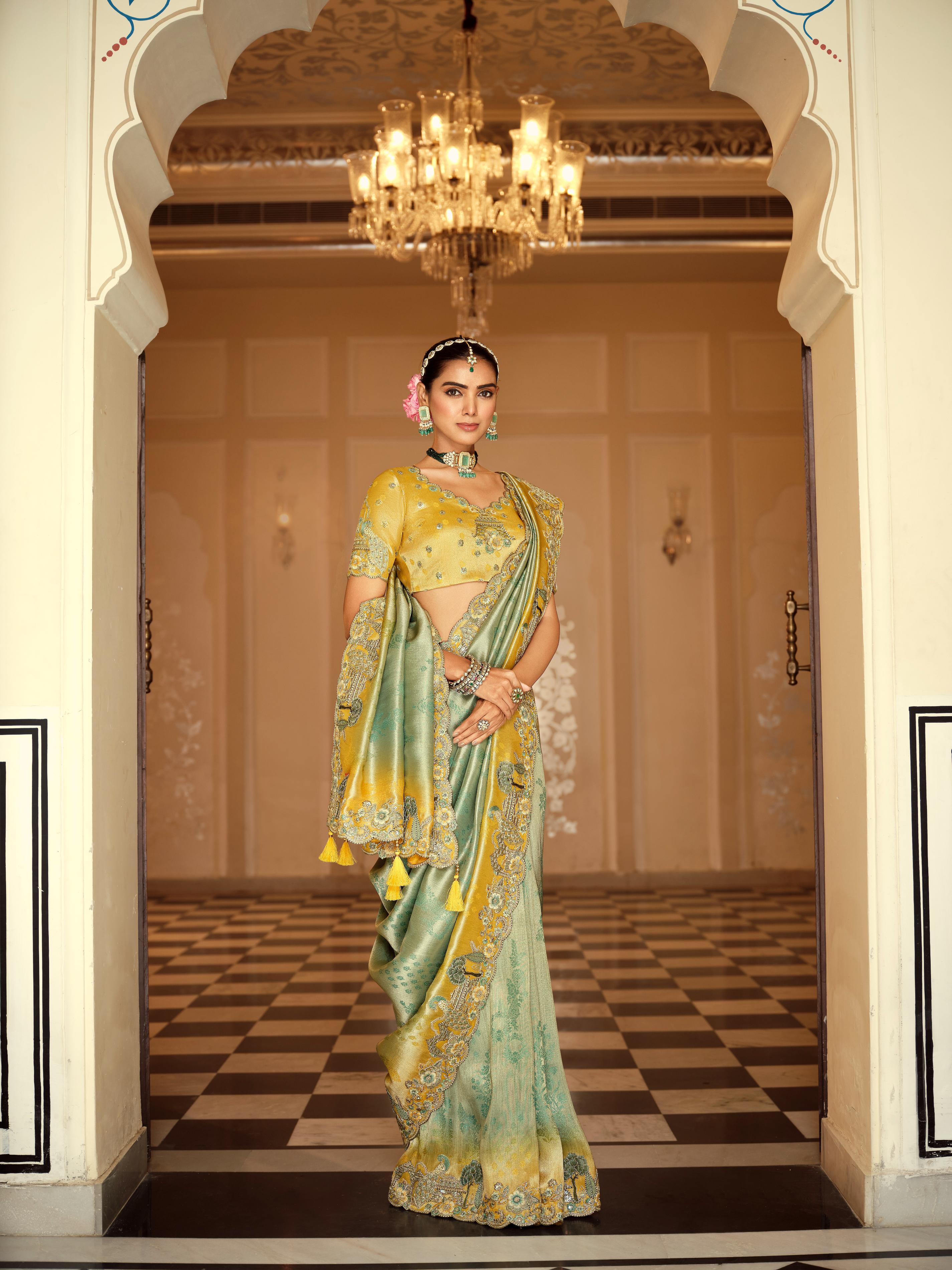 Traditional Yellow Green Premium Fabric Saree with Embroidery and Patchwork