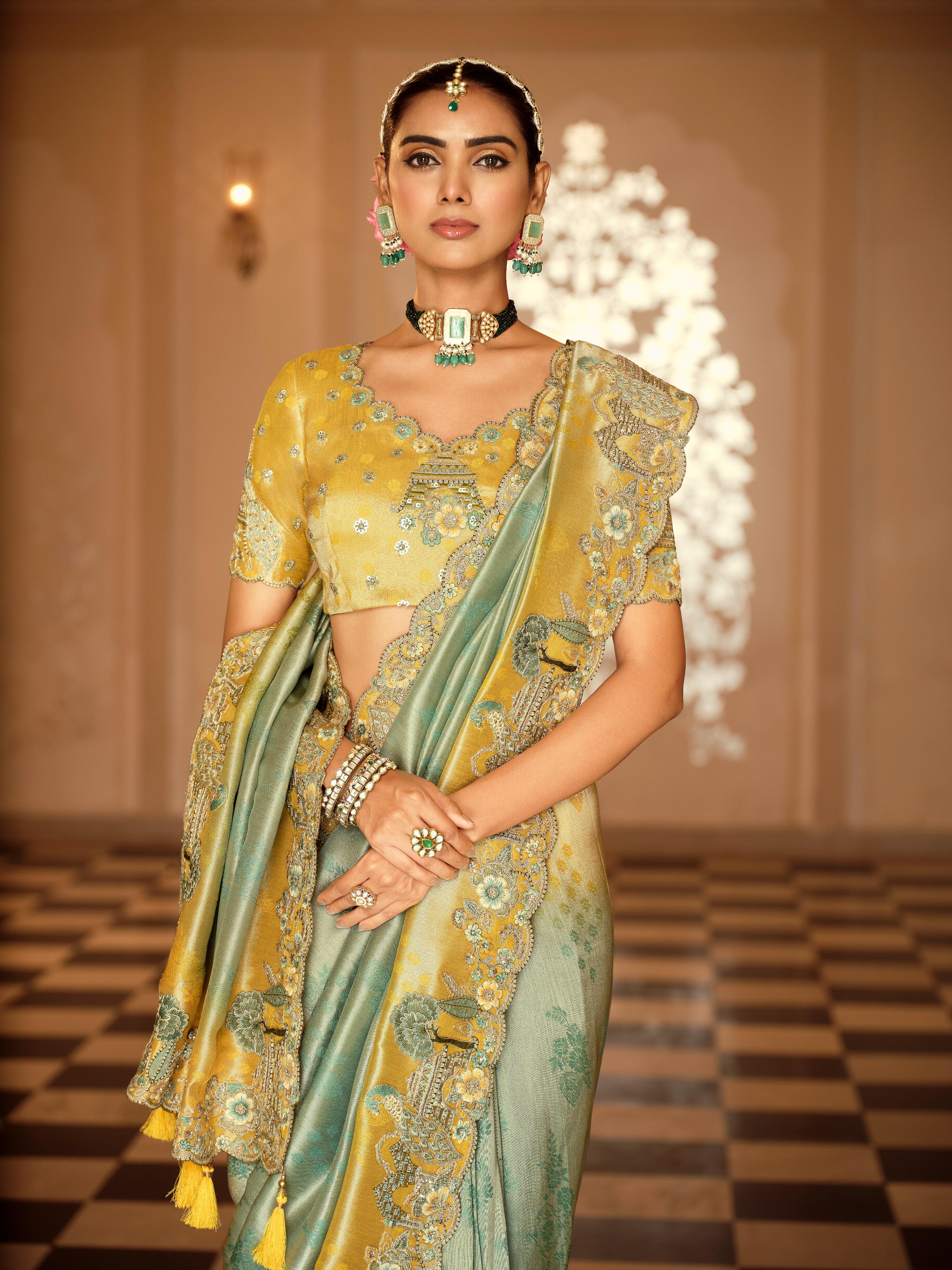 Traditional Yellow Green Premium Fabric Saree with Embroidery and Patchwork