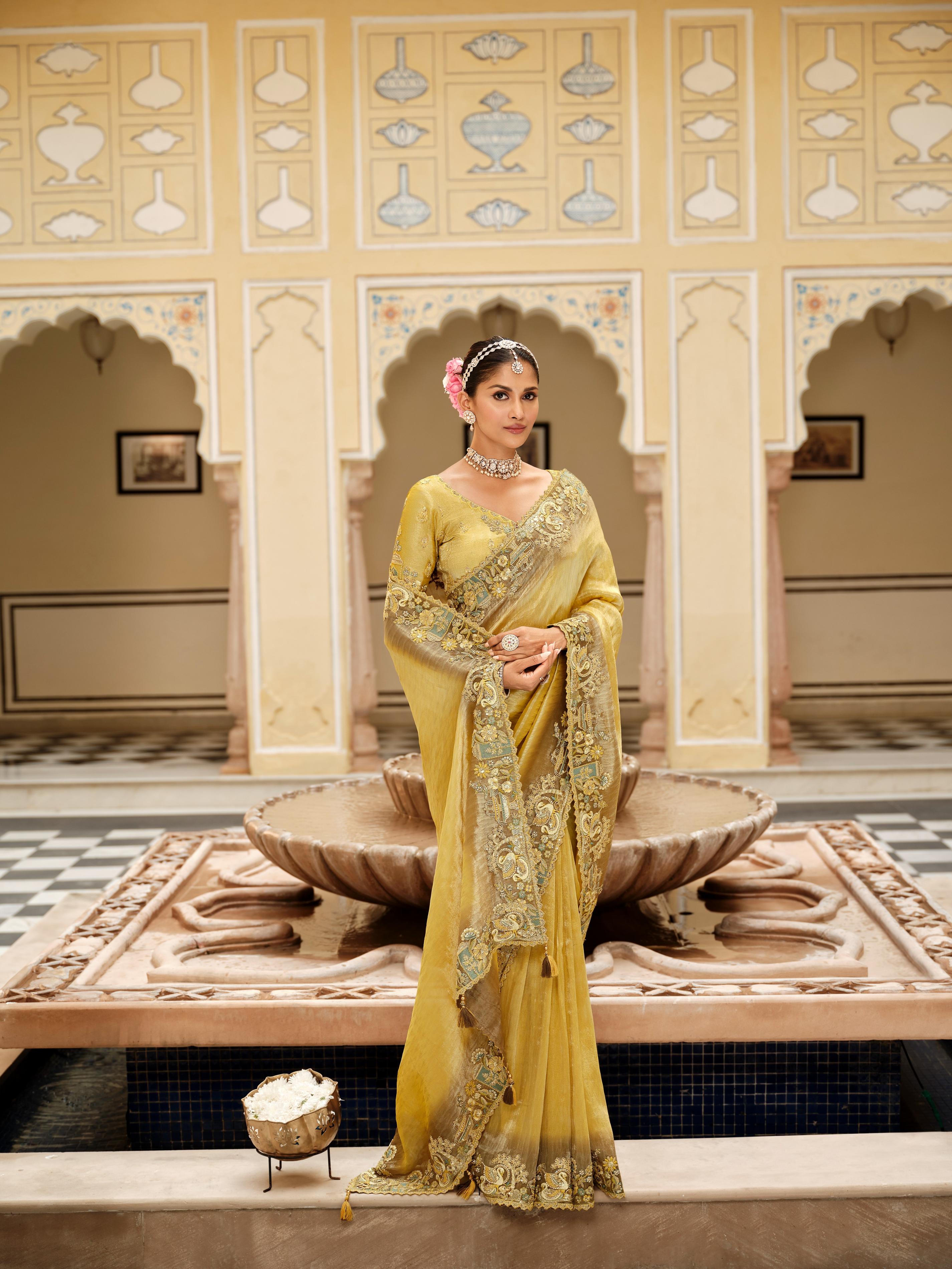 Traditional Golden Premium Fabric Saree with Embroidery and Patchwork