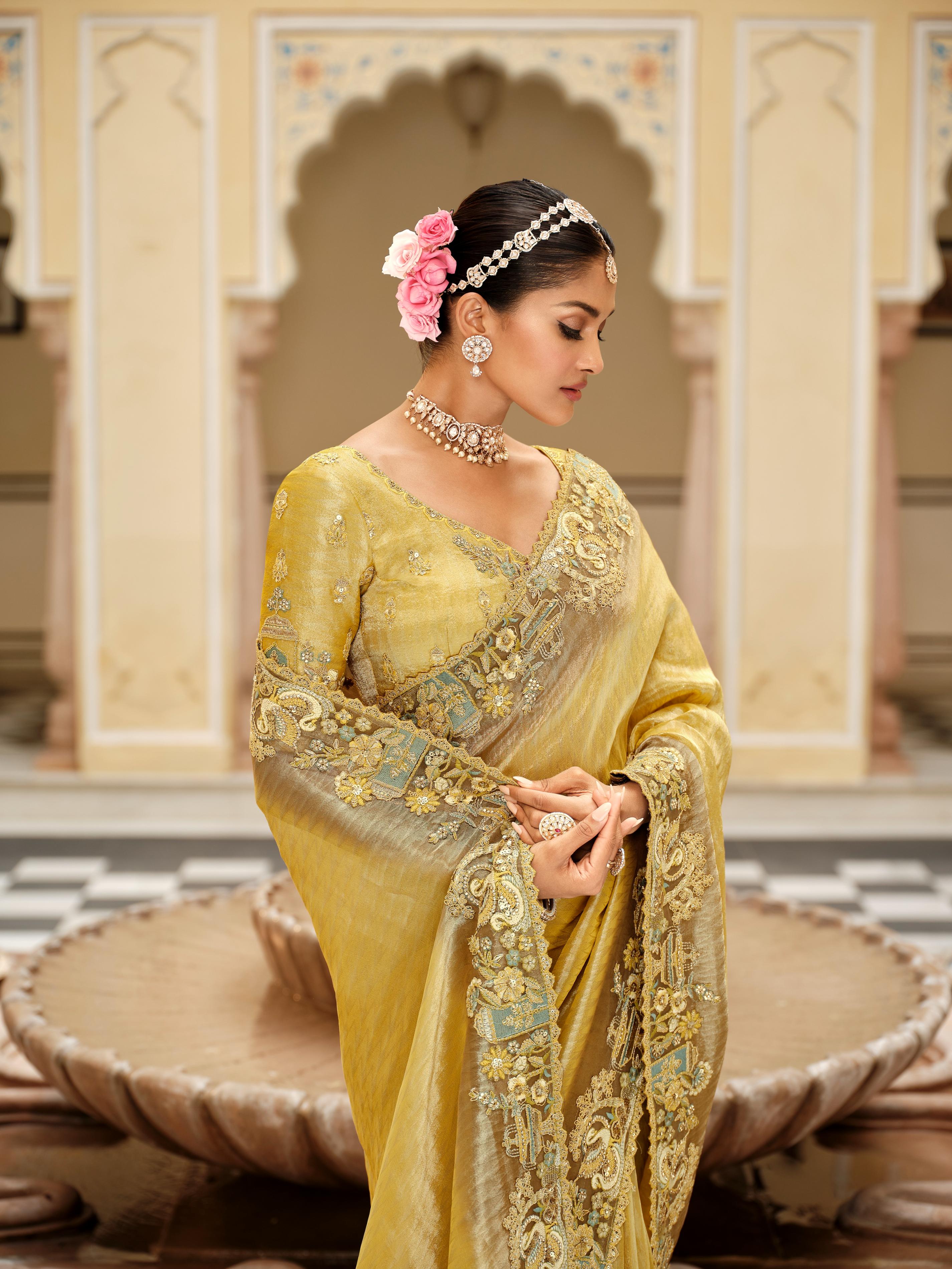 Traditional Golden Premium Fabric Saree with Embroidery and Patchwork