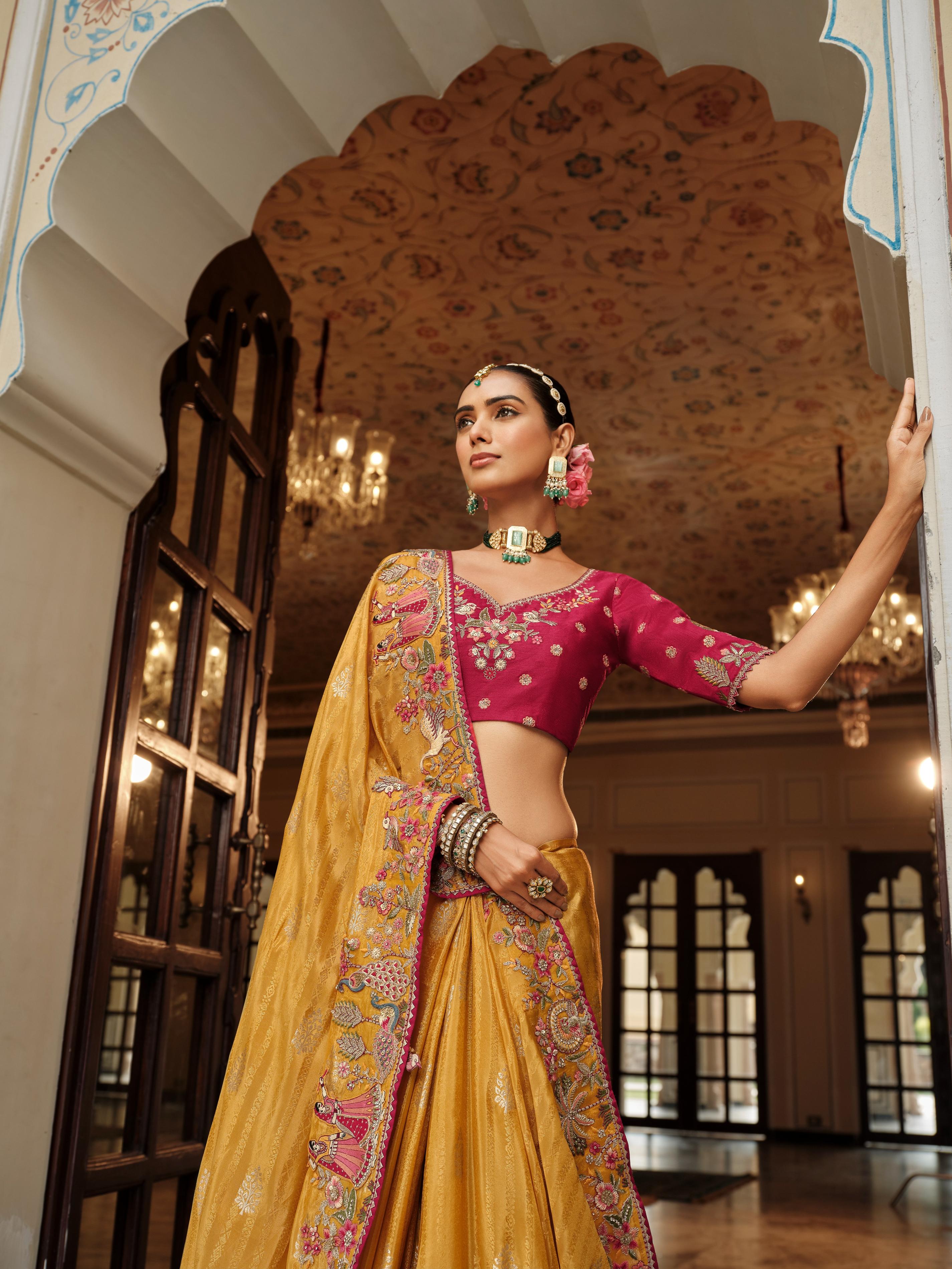 Traditional Mustard Premium Fabric Saree with Embroidery and Patchwork