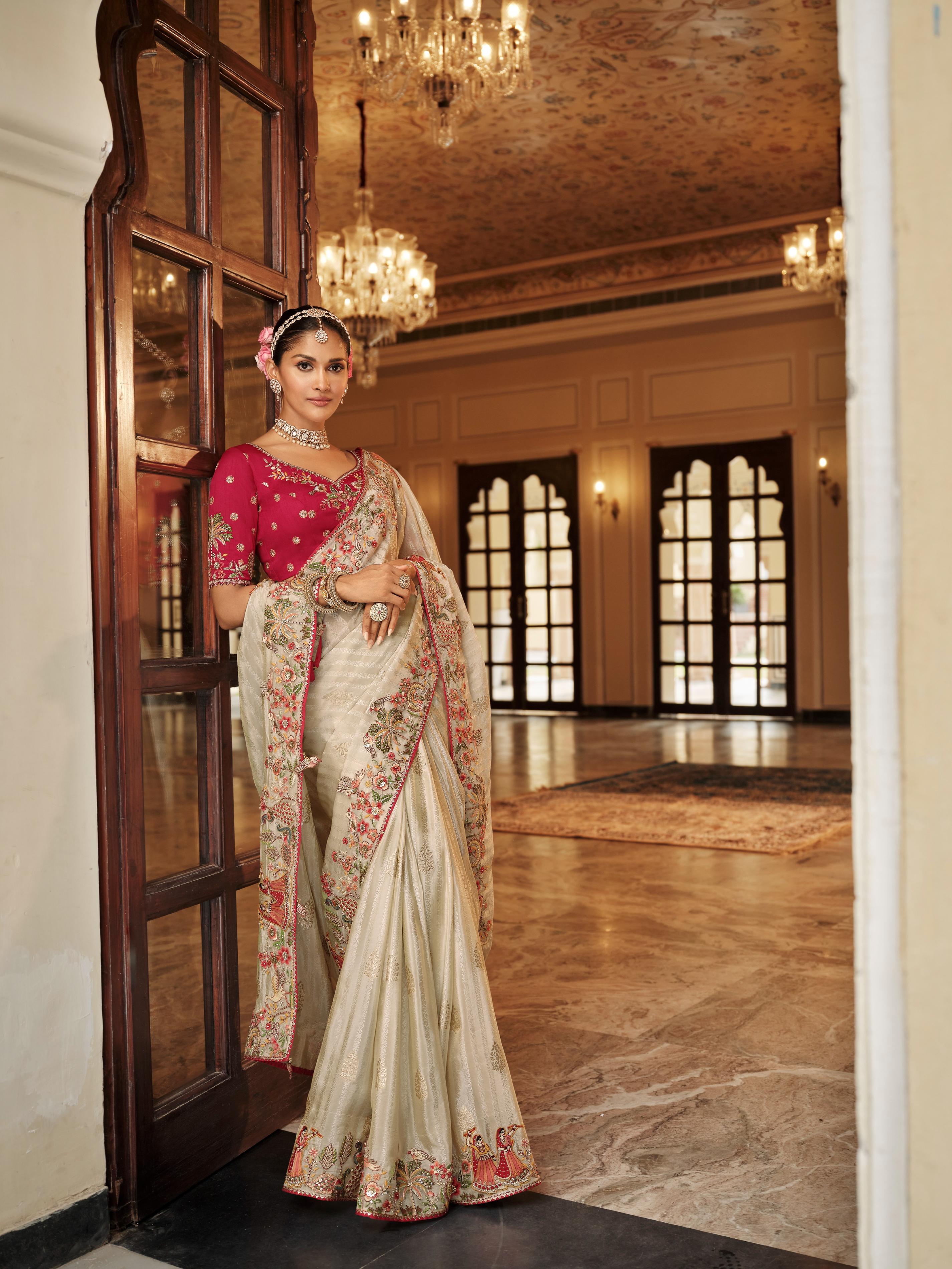 Traditional Cream Premium Fabric Saree with Embroidery and Patchwork