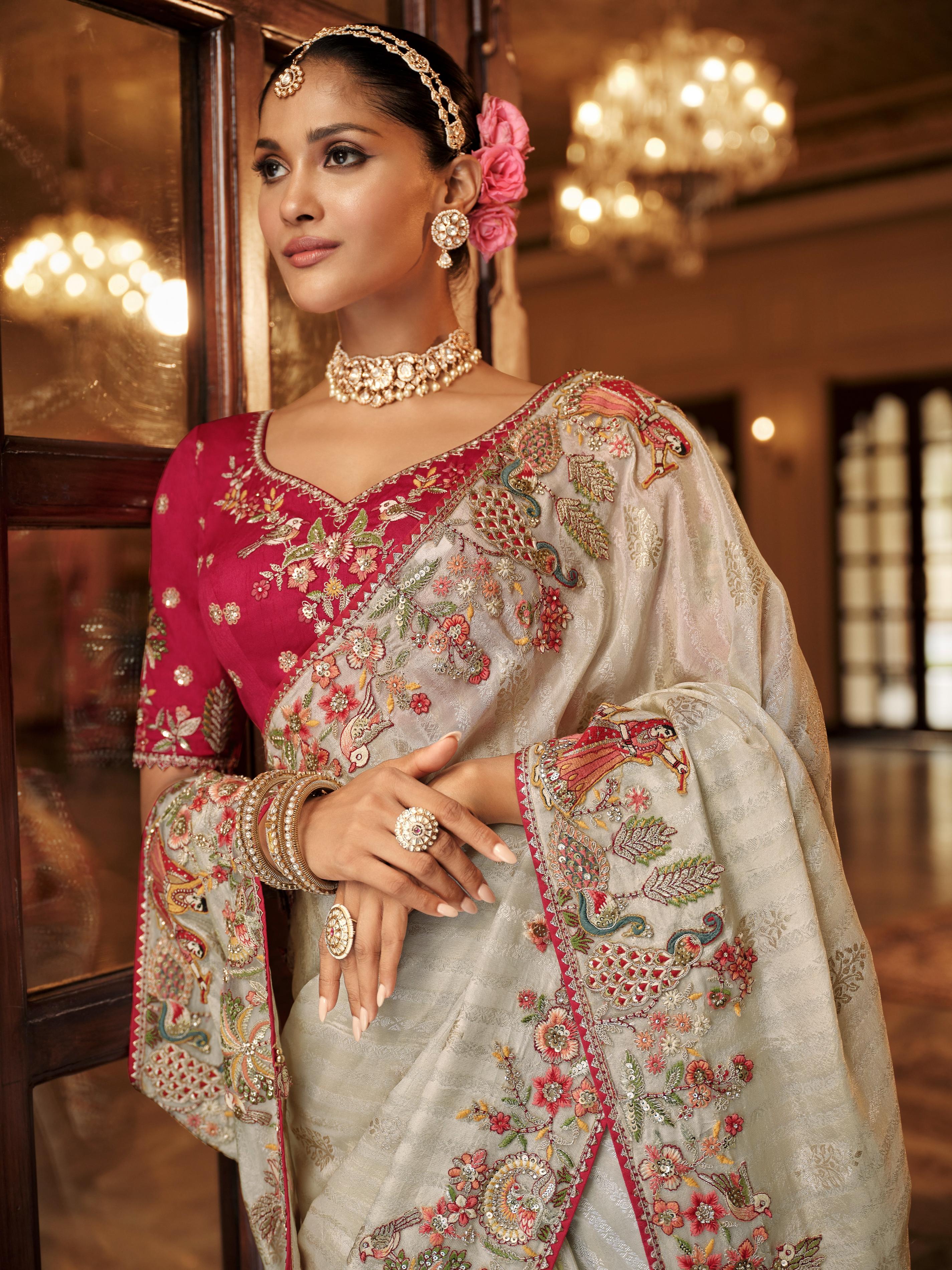 Traditional Cream Premium Fabric Saree with Embroidery and Patchwork